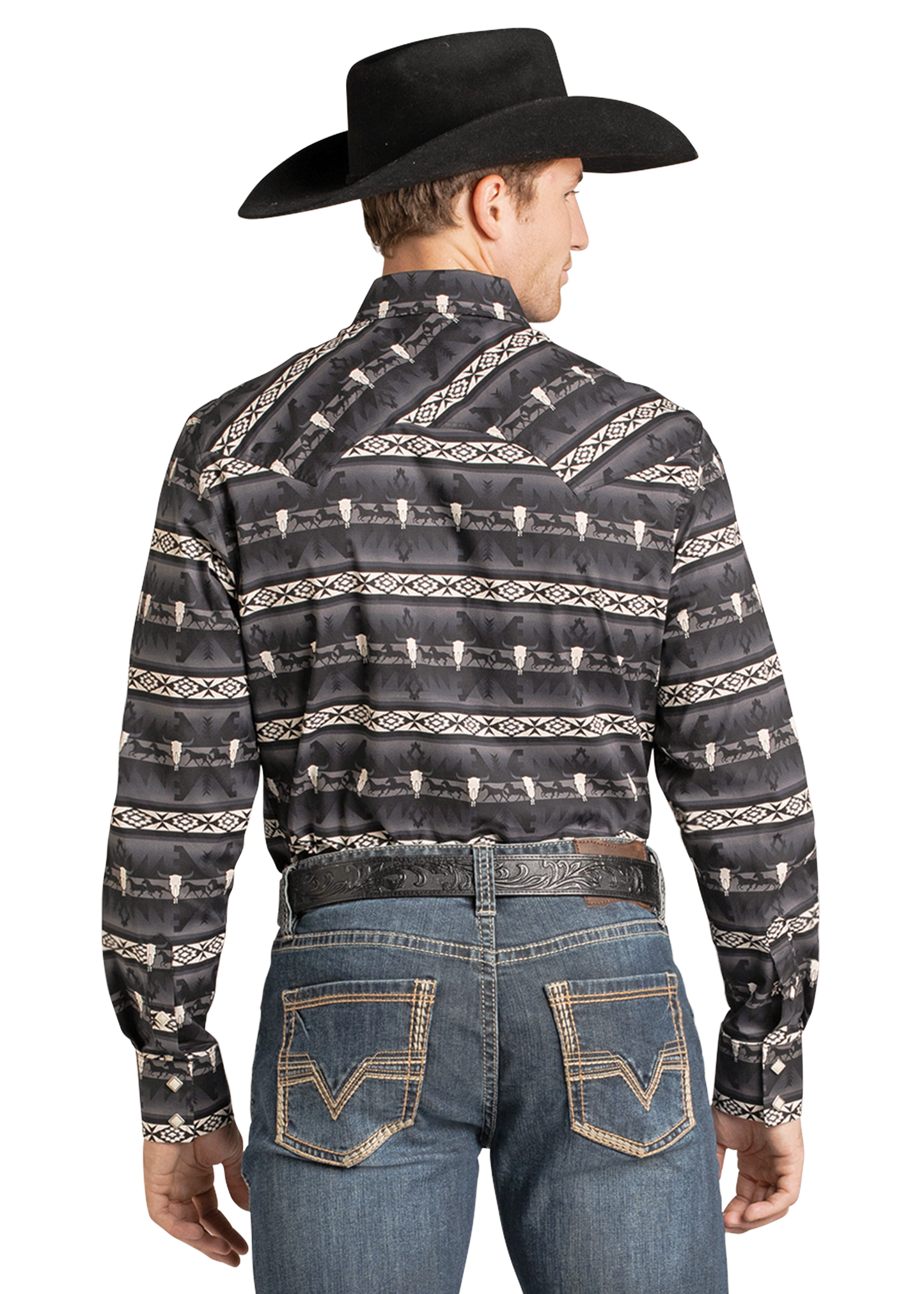 A man wearing a black cowboy hat, Rock & Roll Denim Dale Brisby Black Aztec Long Sleeve Snap Shirt, and blue jeans stands facing away from the camera.