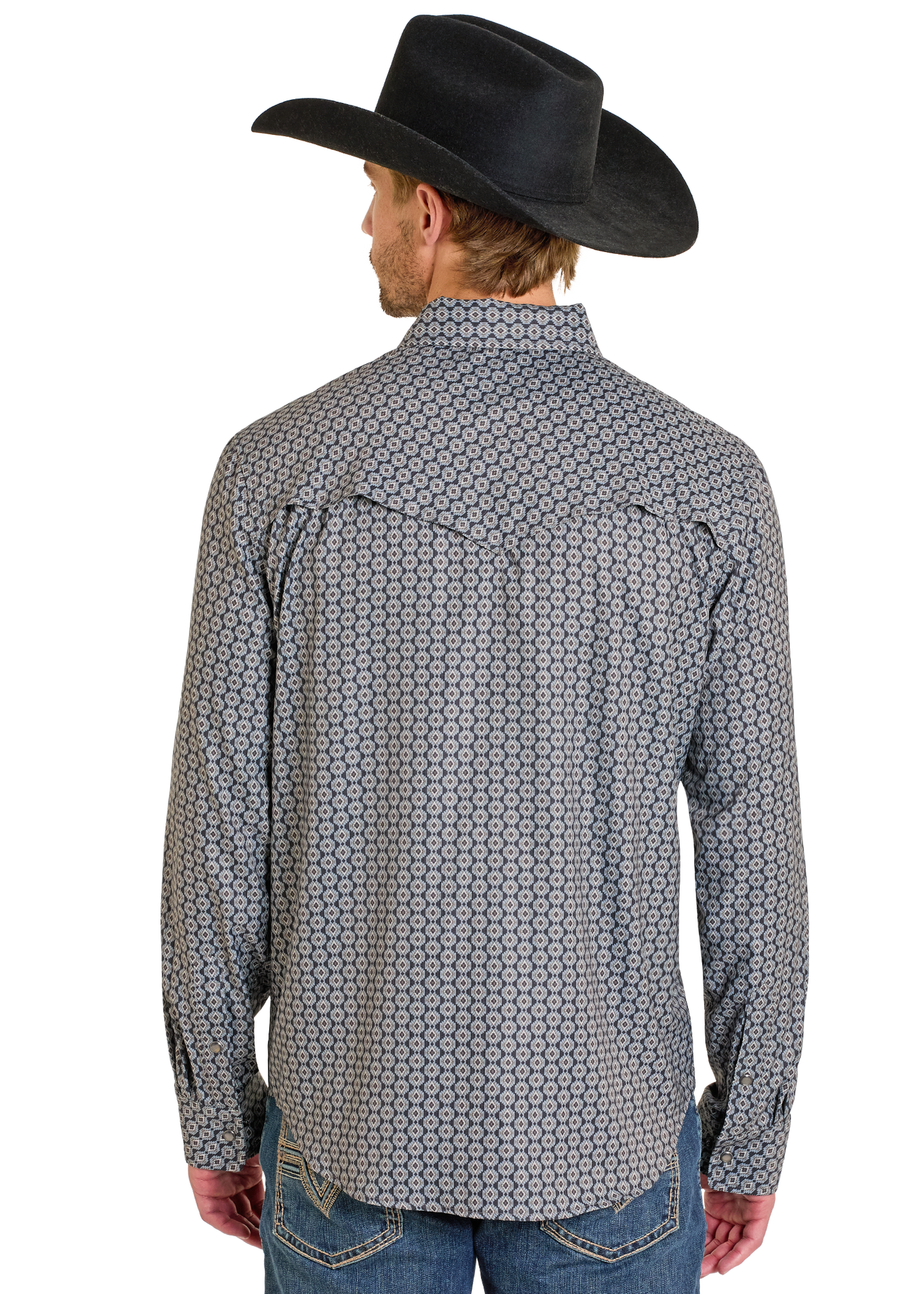 Man wearing a patterned long-sleeve shirt and black cowboy hat on a white background