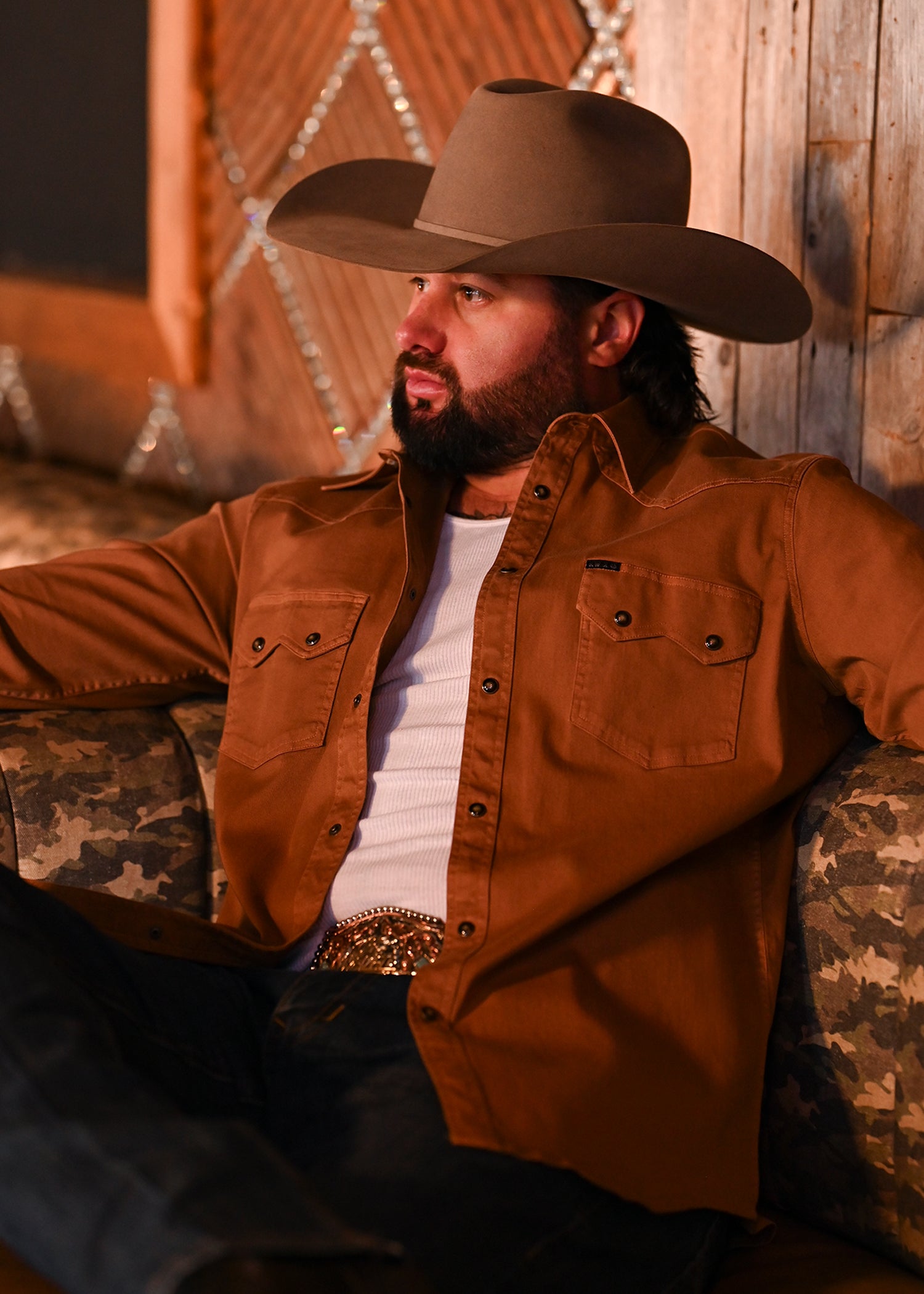 Men's Koe Wetzel Camel Washed Denim Long Sleeve Snap Shirt | Rock
