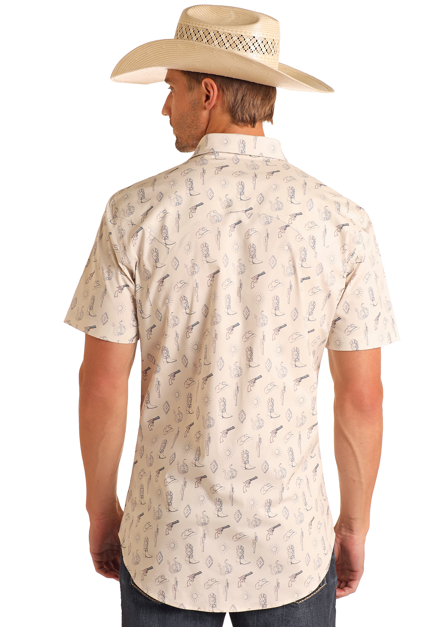 A man seen from behind against a plain background wears the Rock & Roll Denim Slim Fit Western Print Short Sleeve Snap Shirt - S and a woven cowboy hat.