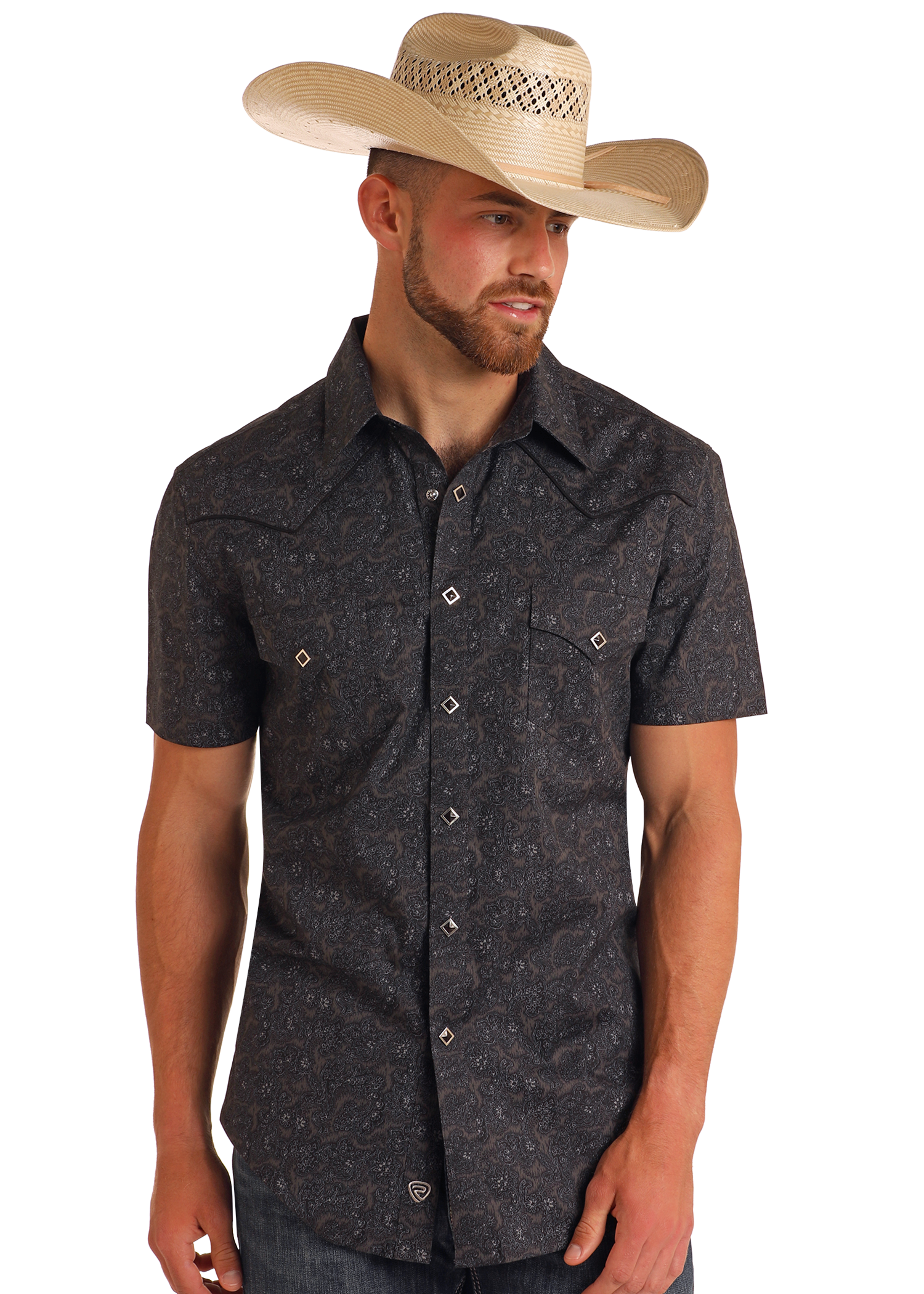 ★LAUL★PAISELY SHORT SLEEVE SHIRT_3色 Men's Slim Fit Black Paisley Short Sleeve Snap Shirt | Rock