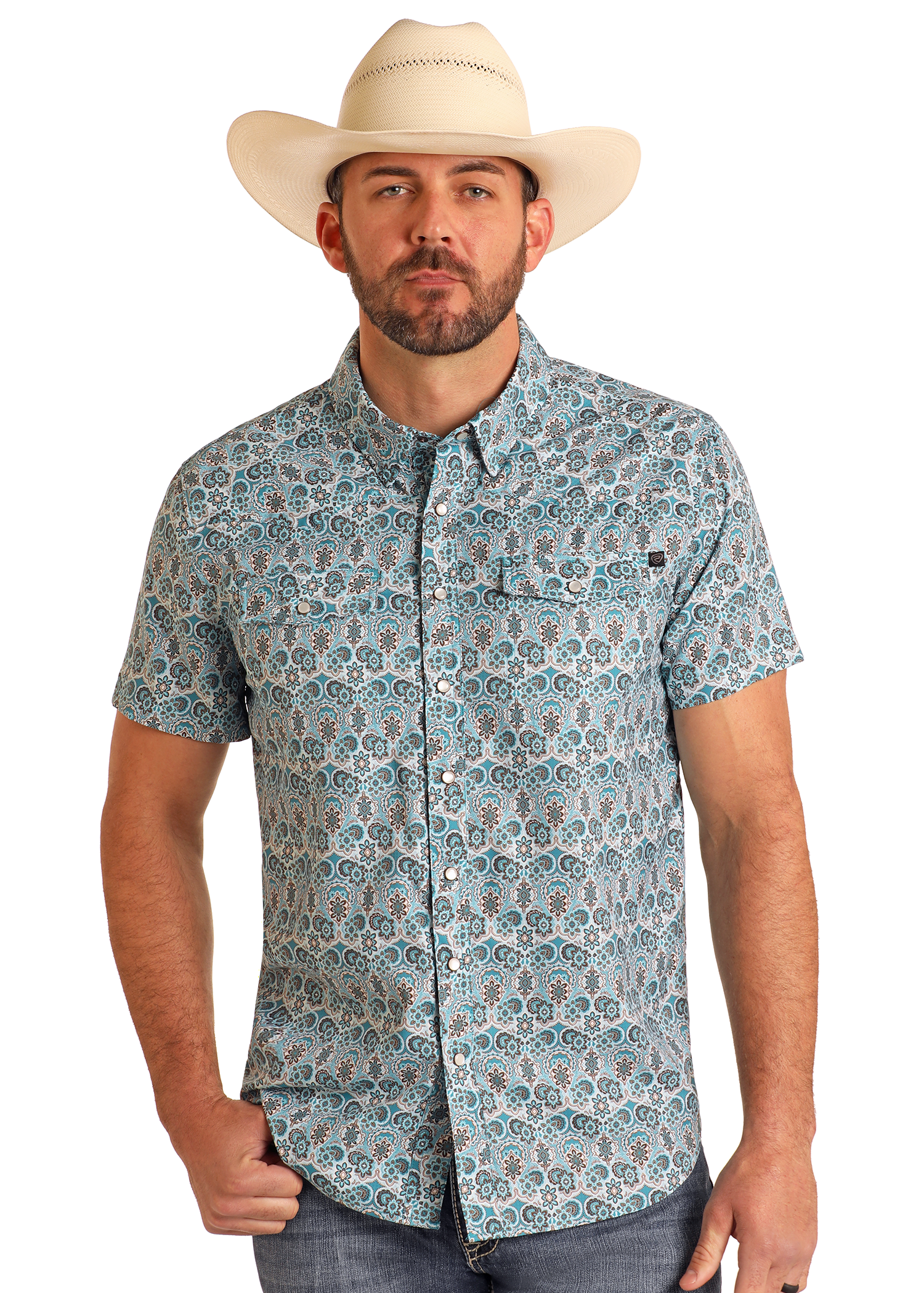 新着 Men's TEK Western Geo Floral Print Short Sleeve Shirt | Rock 下着・アンダーウェア