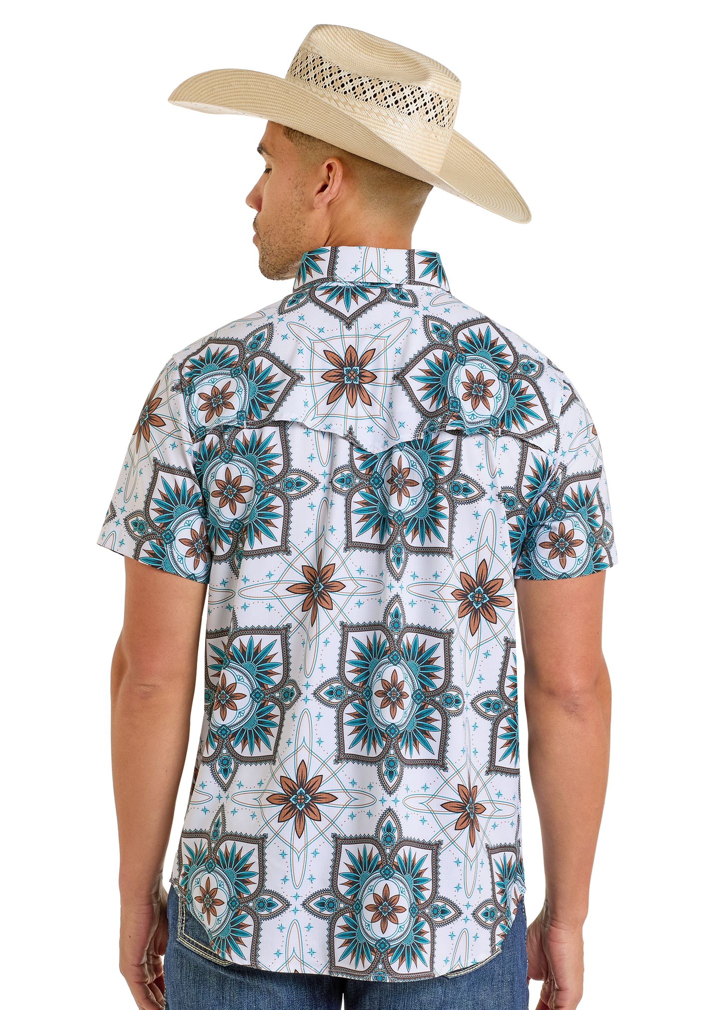 A man is shown from the back wearing a light cowboy hat and the Rock & Roll Denim TEK Western White Medallion Short Sleeve Shirt with a blue, teal, and brown geometric floral pattern, set against a white background.