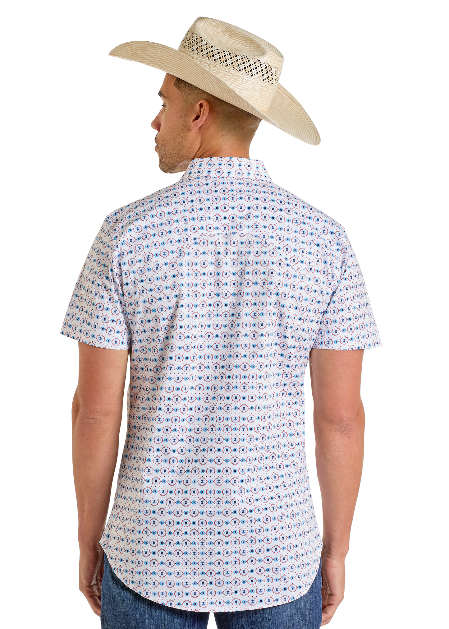 A man is shown from the back against a white background wearing a wide-brimmed straw cowboy hat, blue jeans, and a Rock & Roll Denim Slim Fit White Geo Aztec Short Sleeve Snap Shirt.