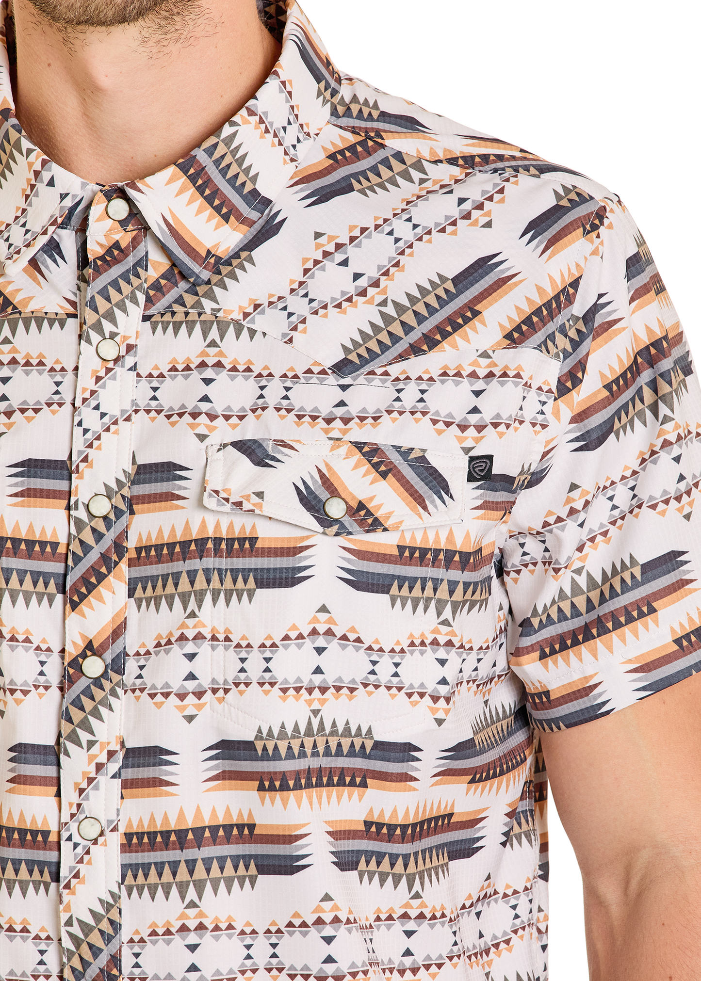 Close-up of a patterned shirt with geometric design on a white background