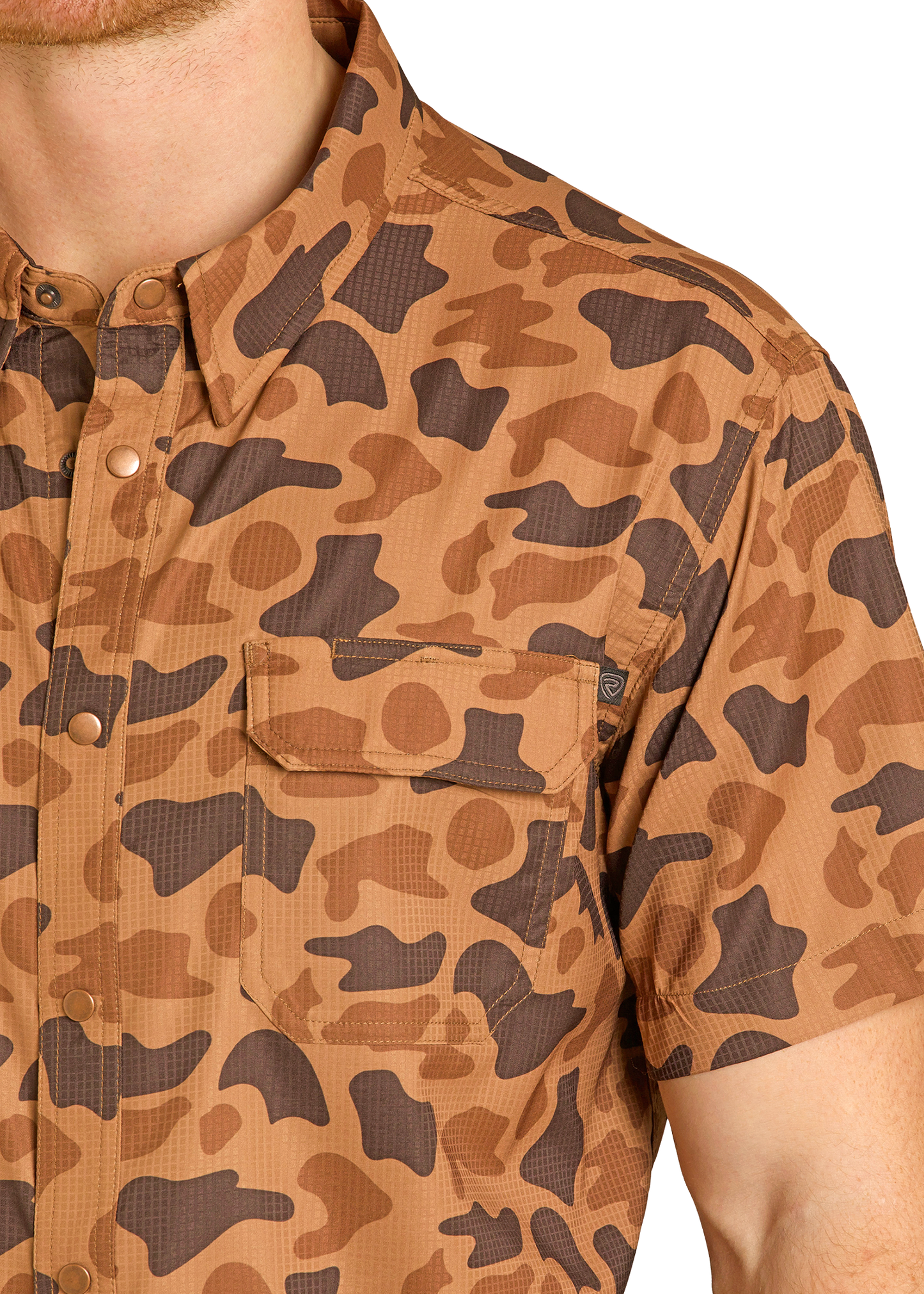 Brown camouflage shirt worn by a person on a white background