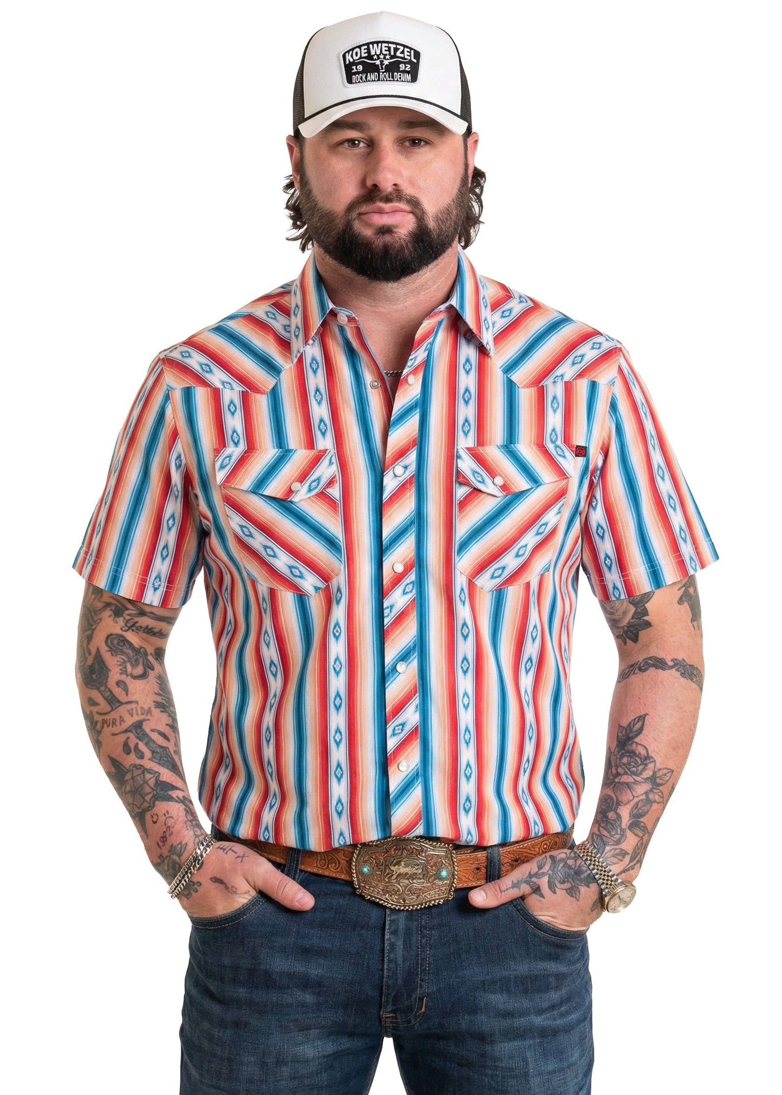 Men's Koe Wetzel Slim Fit Aztec Stripe Short Sleeve Snap Shirt