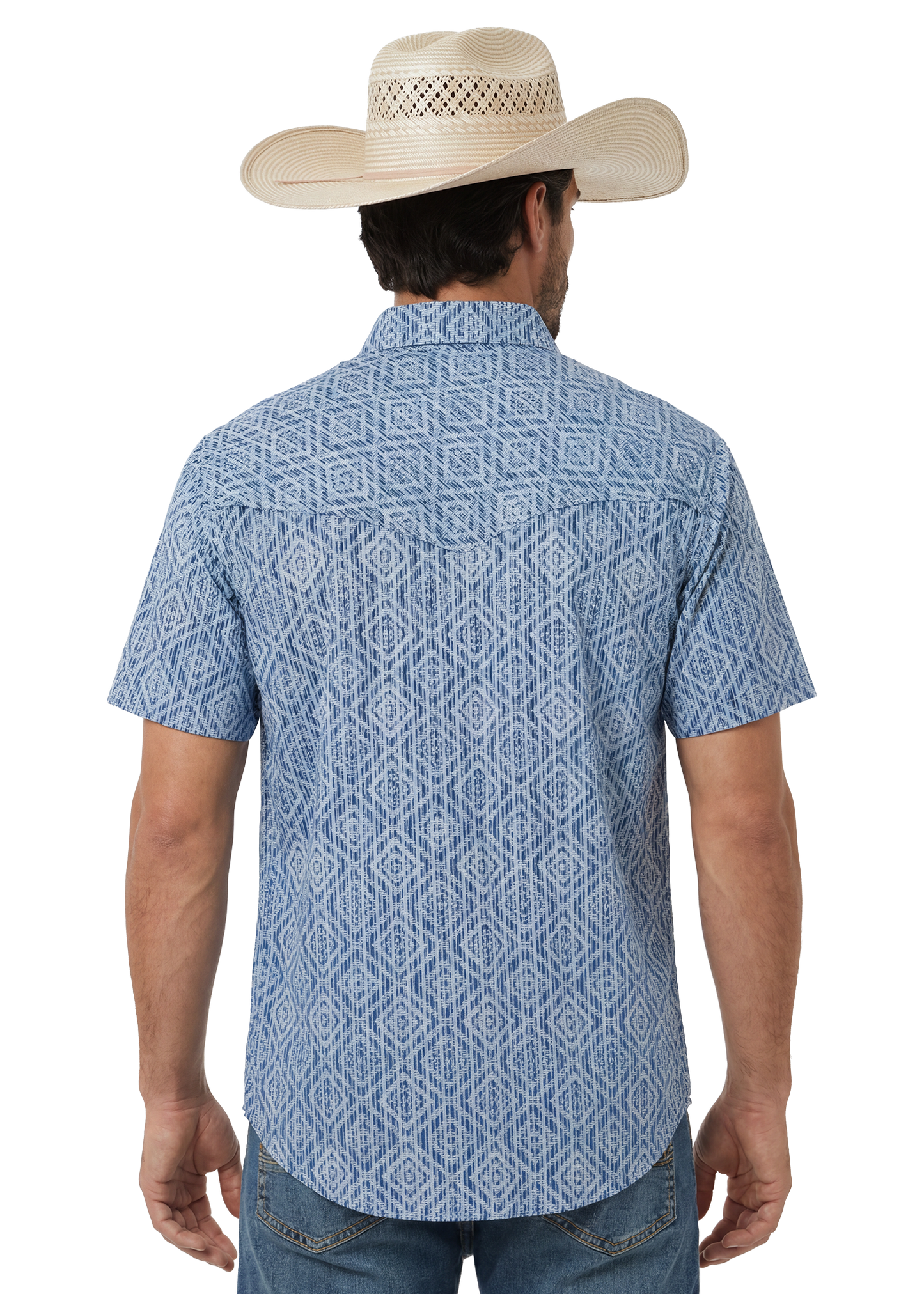 Man wearing a blue patterned shirt and straw hat on a white background