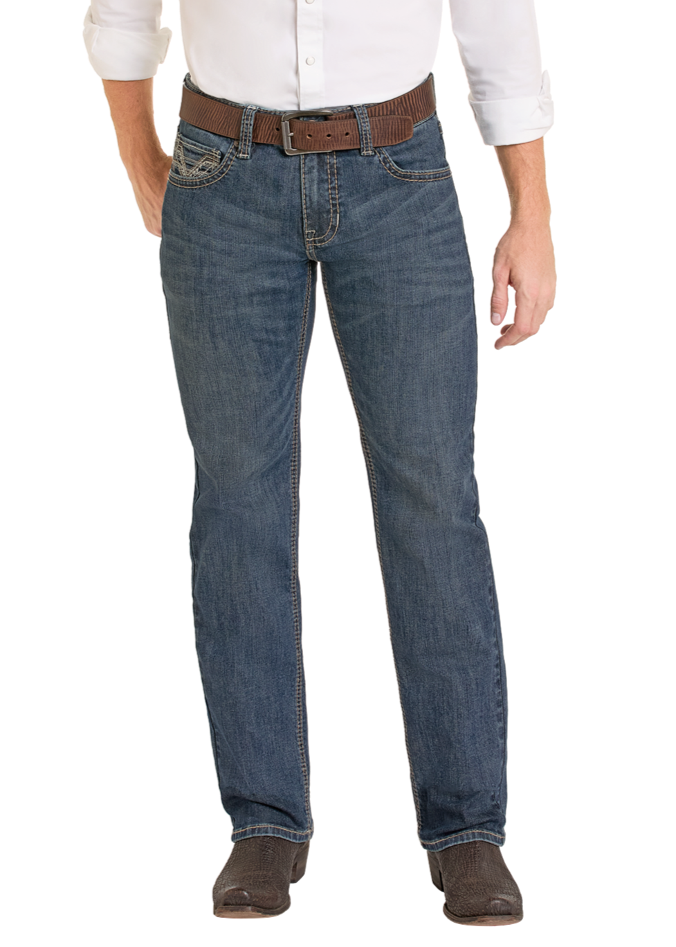 A man wearing a white long-sleeve shirt, Rock & Roll Denim Regular Fit Ladder Stackable Bootcut Jeans, a brown belt, and brown leather shoes stands against a white background.