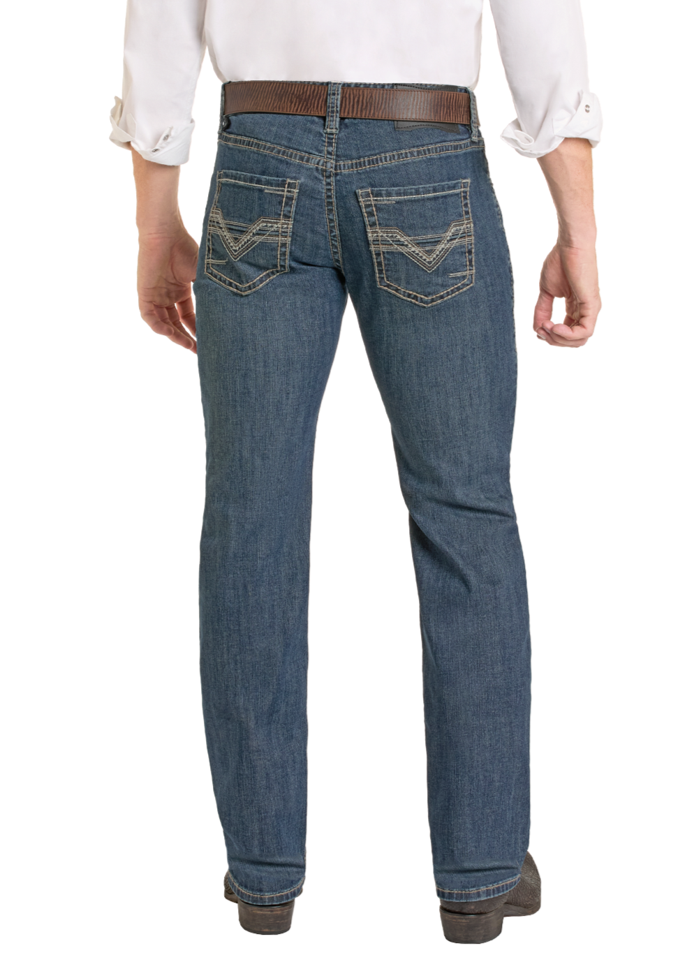 A man in a white shirt, brown belt, and medium wash jeans stands facing away, showcasing the back of Rock & Roll Denim’s Regular Fit Ladder Stackable Bootcut Jeans with detailed pocket stitching.