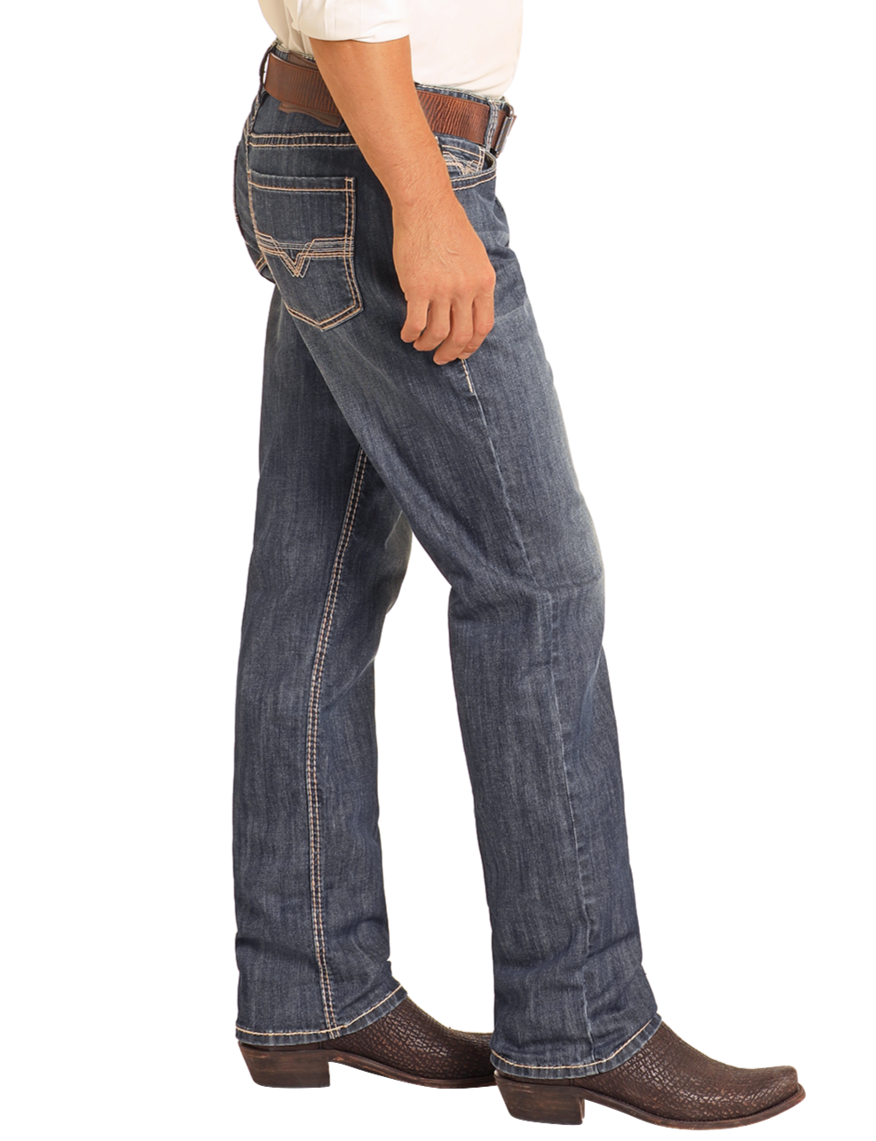 Someone wearing Rock & Roll Denim Relaxed Fit Small V Stackable Bootcut Jeans, a white shirt, a brown belt, and brown cowboy boots stands sideways against a plain light background.
