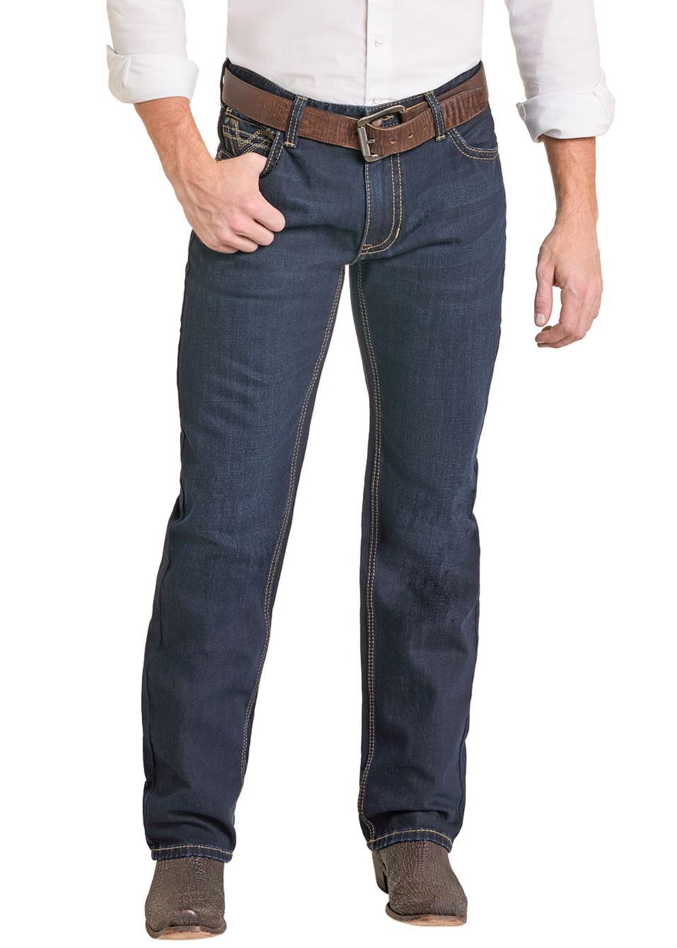 Man wearing a white shirt, blue jeans, and a black cowboy hat on a white background