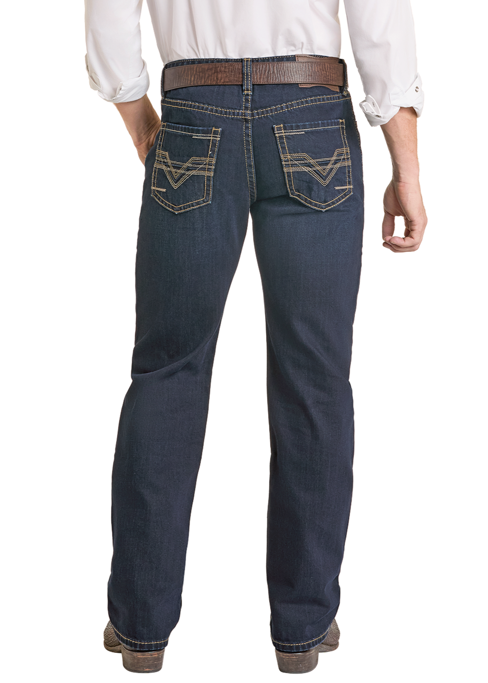 Man wearing a white shirt, dark blue jeans, and a black cowboy hat on a white background