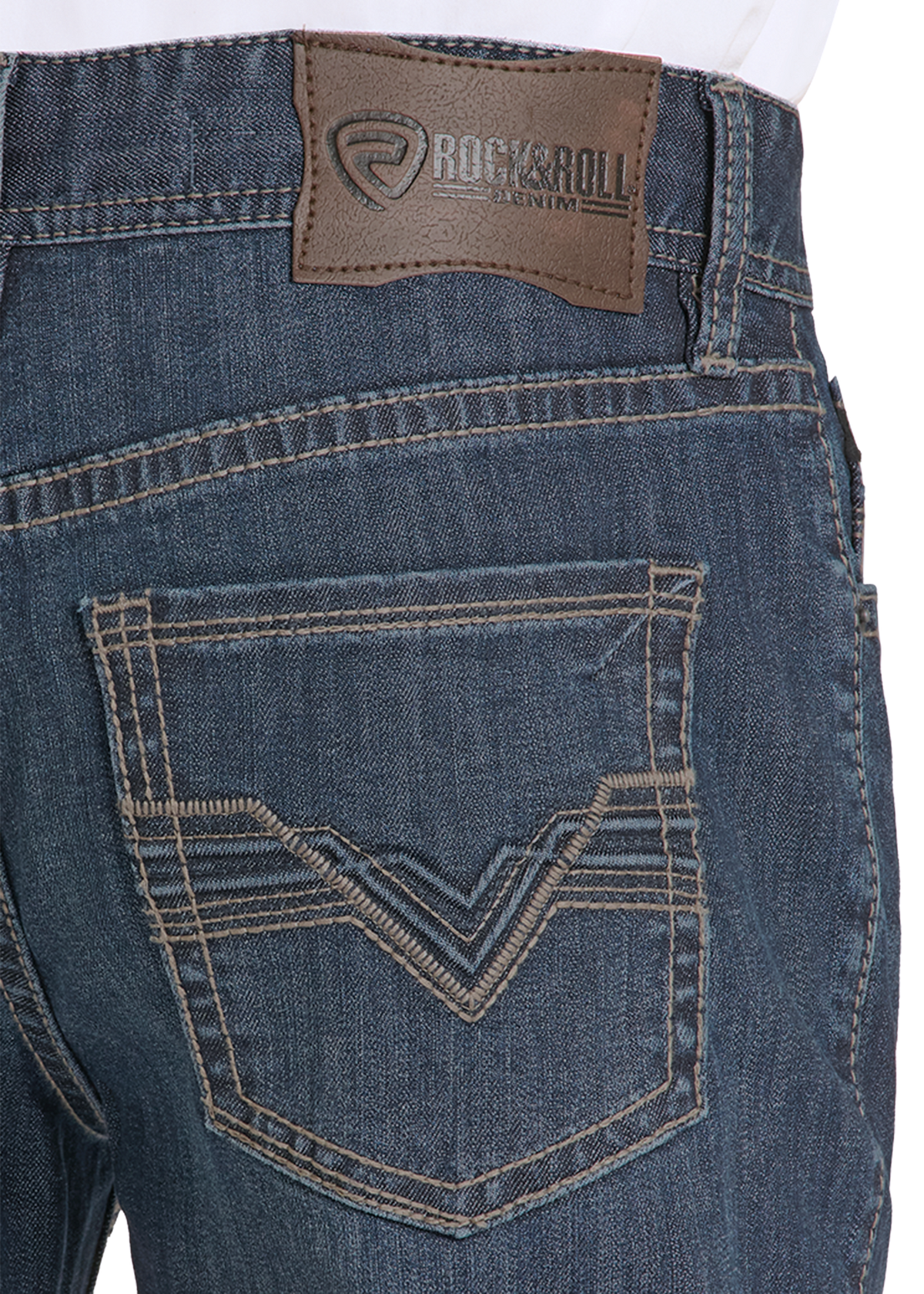 Close-up of blue jeans with a brand label on the back pocket.