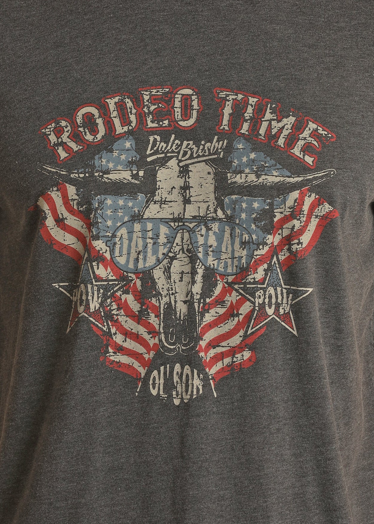 Gray t-shirt with 'Rodeo Time' graphic design featuring an American flag and steer silhouette.