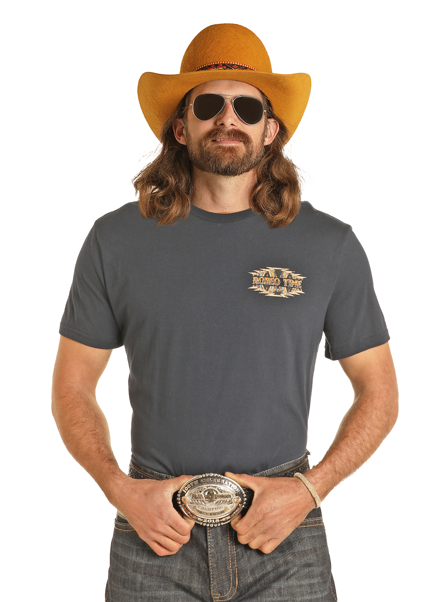 A man with long hair and a beard wears a yellow cowboy hat, sunglasses, jeans, and the Dale Brisby Rodeo Time Tee by Rock & Roll Denim with a decorative belt buckle—showing off that Rodeo Time spirit against a white background.
