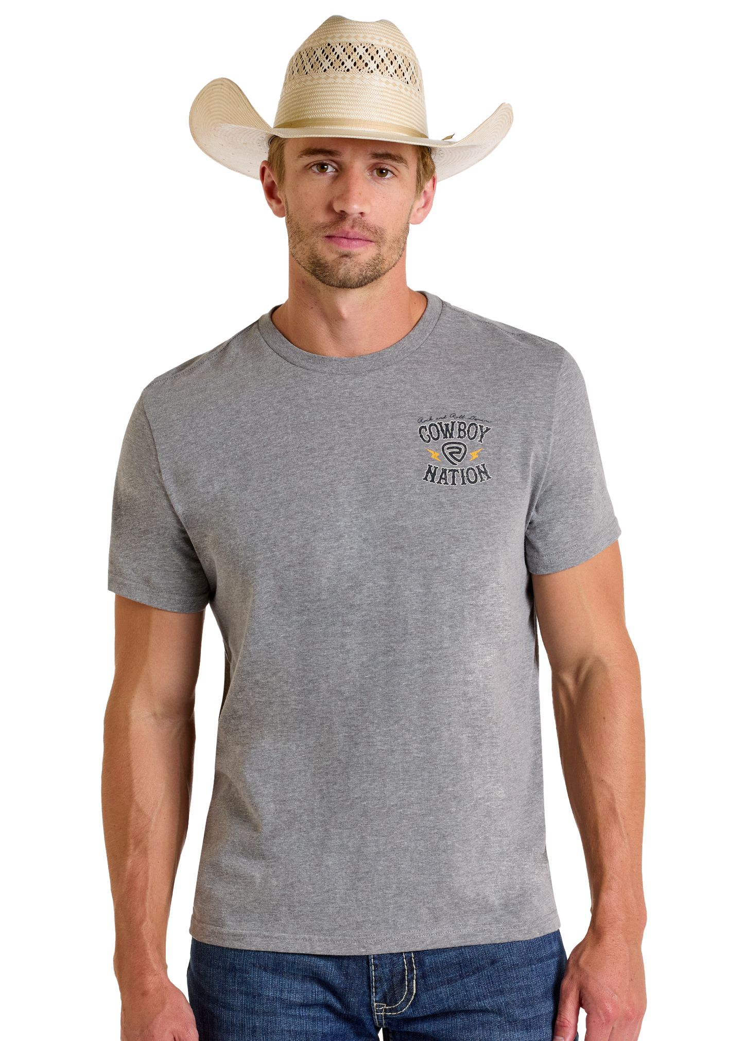 A man in blue jeans, a light cowboy hat, and a Rock & Roll Denim Cowboy Nation Graphic Tee stands facing forward against a white background—a stylish look for daily wear.