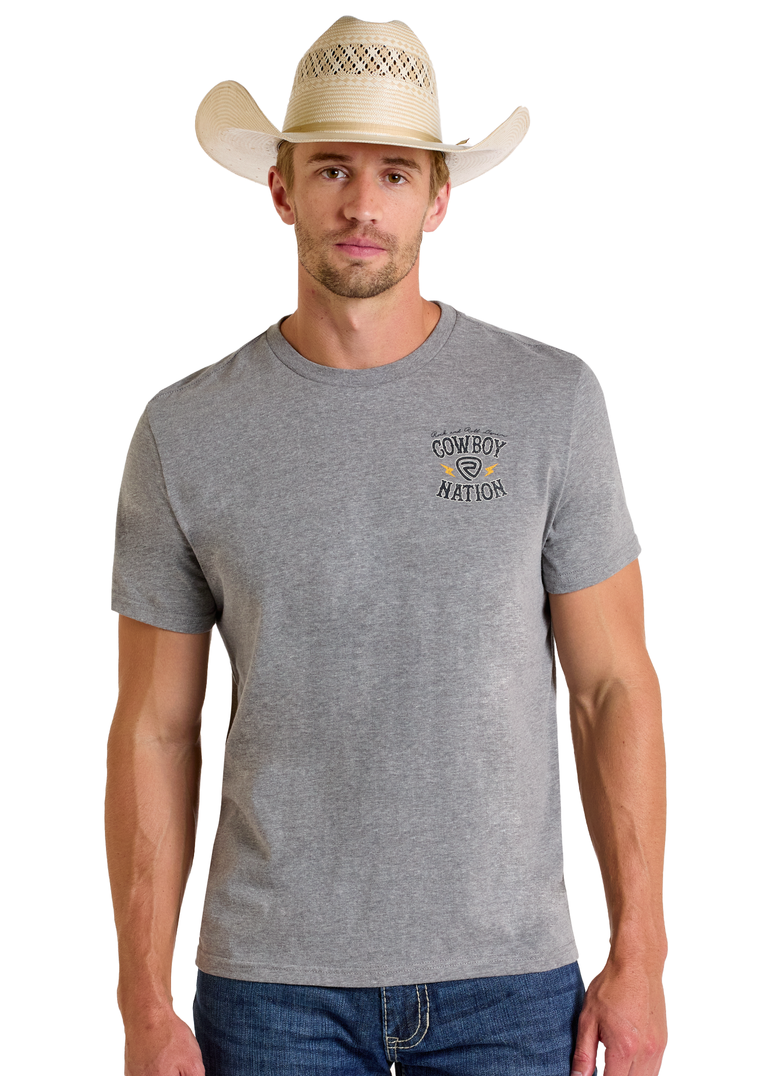 A man in blue jeans, a light cowboy hat, and a Rock & Roll Denim Cowboy Nation Graphic Tee stands facing forward against a white background—a stylish look for daily wear.