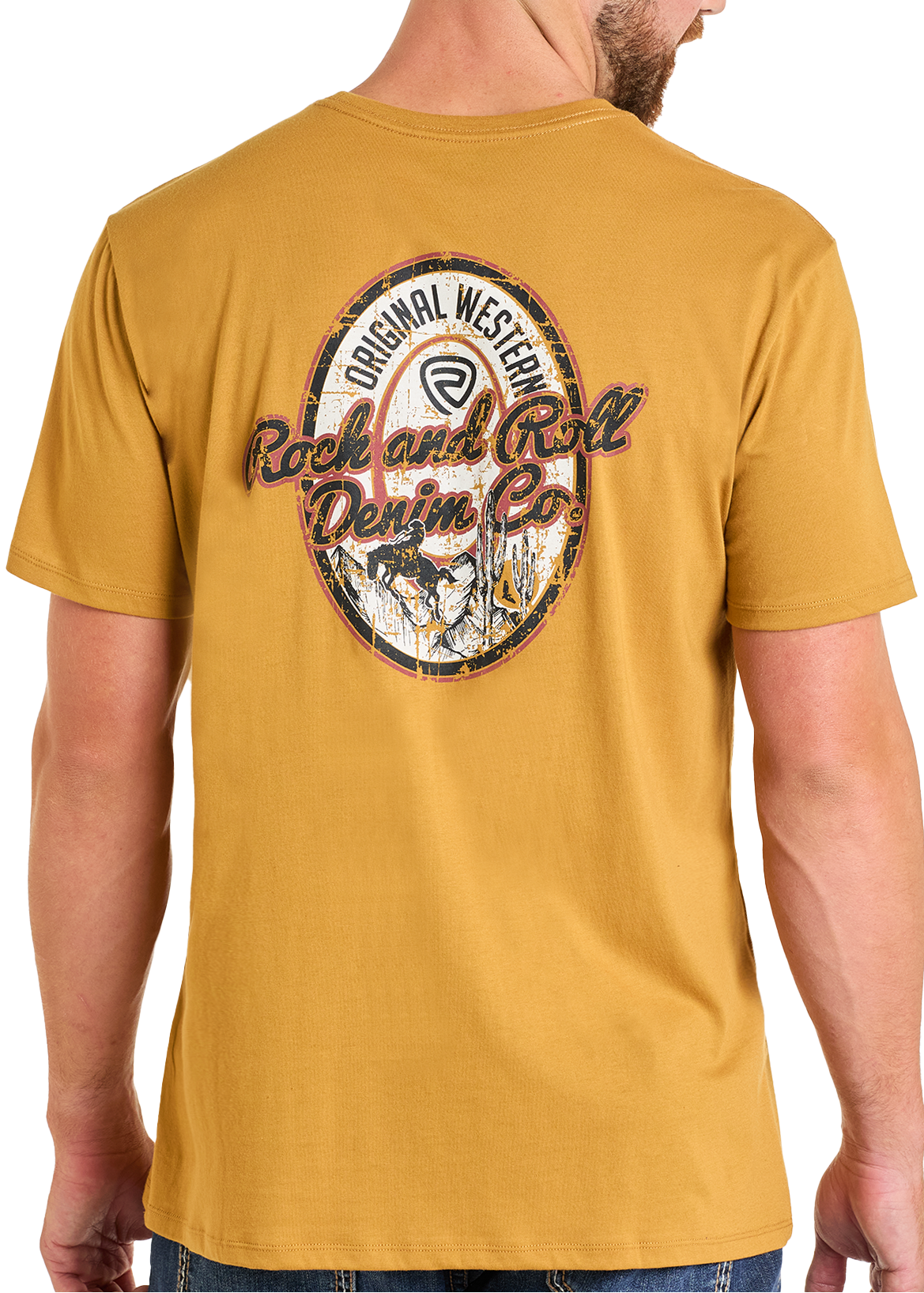 A man in a tan cowboy hat and a mustard yellow Rock & Roll Denim Original Western Denim Co Unisex Graphic Tee, featuring a vintage-style back graphic, stands with his back to the camera.