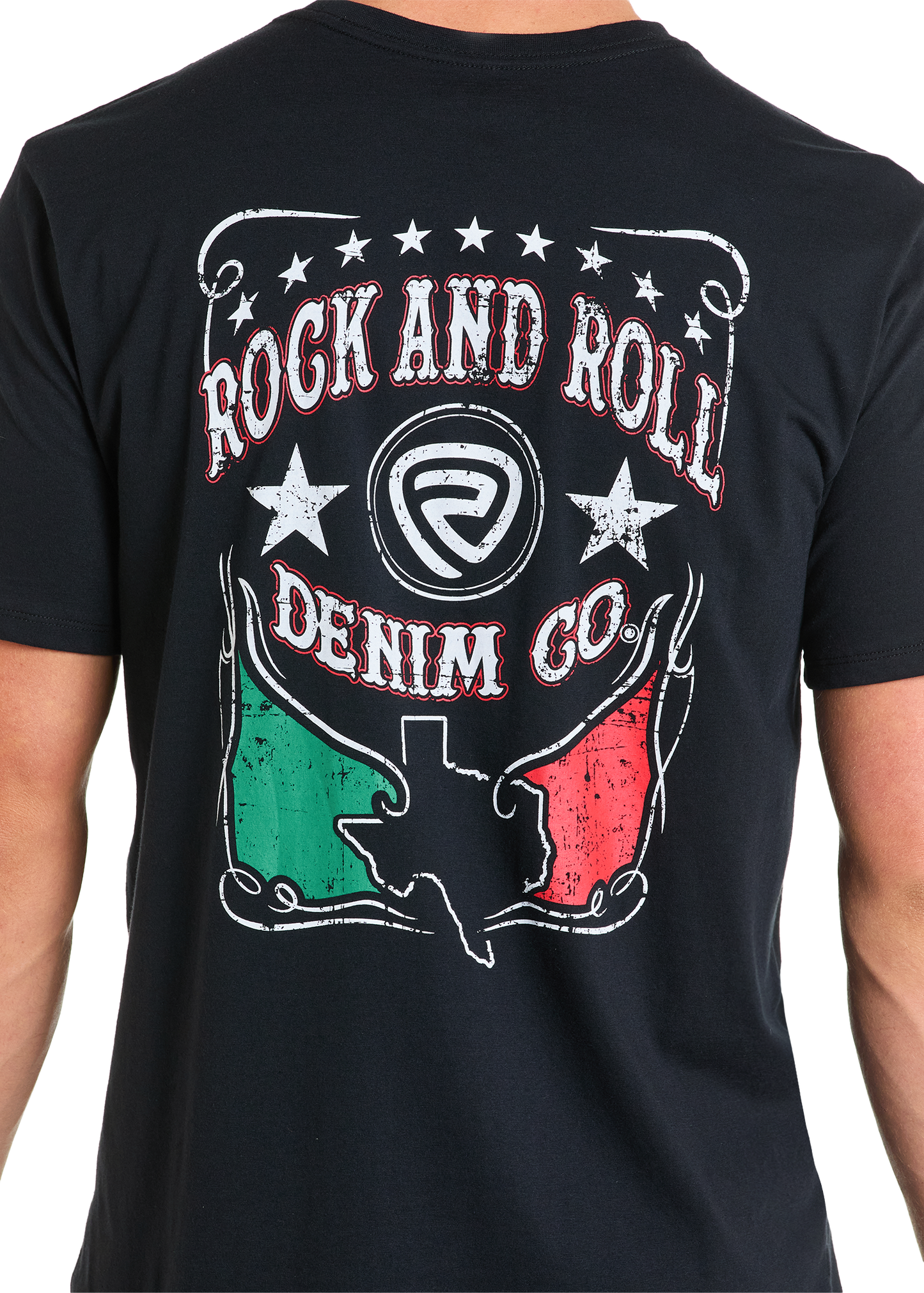 The Mexicano Unisex Graphic Tee by Rock & Roll Denim features a Texas outline, stars, a circular logo, and bold white/red text over a distressed red, green, and white flag—ideal for everyday comfort and standout style.