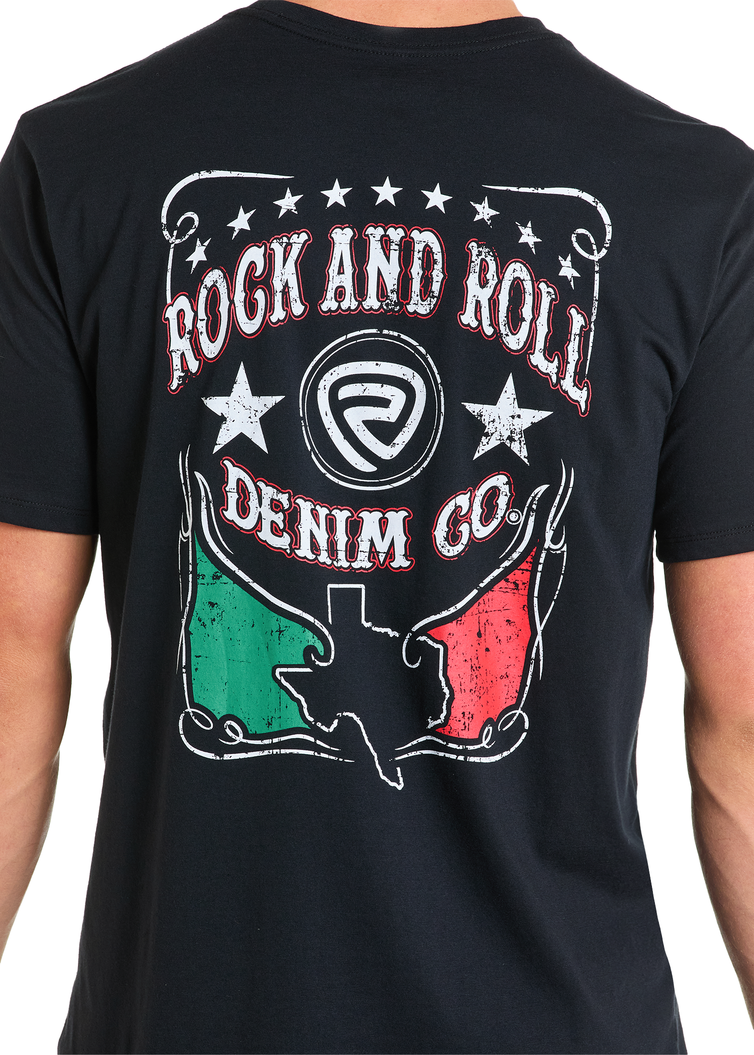The Mexicano Unisex Graphic Tee by Rock & Roll Denim features a Texas outline, stars, a circular logo, and bold white/red text over a distressed red, green, and white flag—ideal for everyday comfort and standout style.