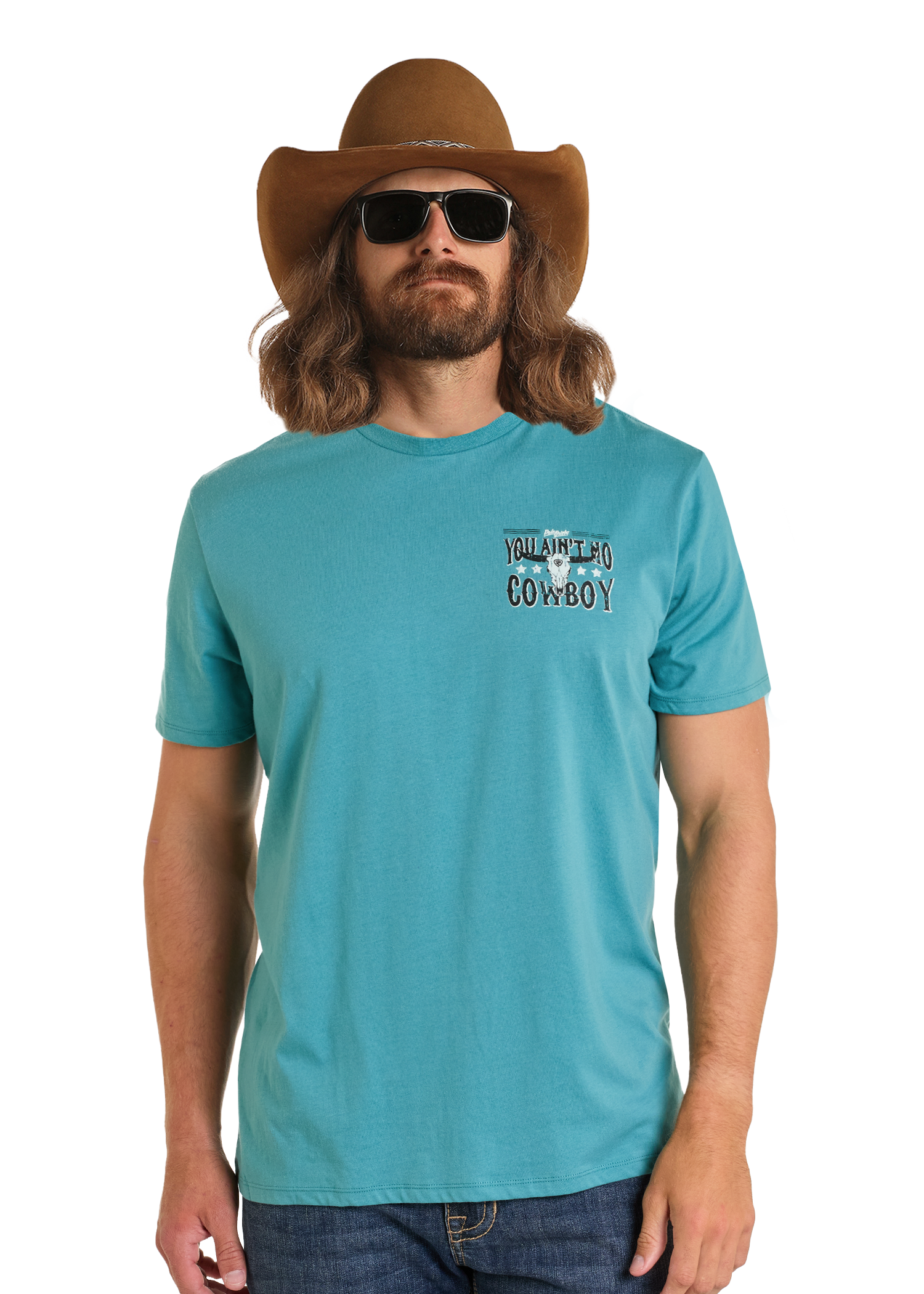 A man with long hair and a beard wears a brown cowboy hat, sunglasses, and a Rock & Roll Denim Dale Brisby You Ain't No Cowboy Graphic Tee against a plain white background.
