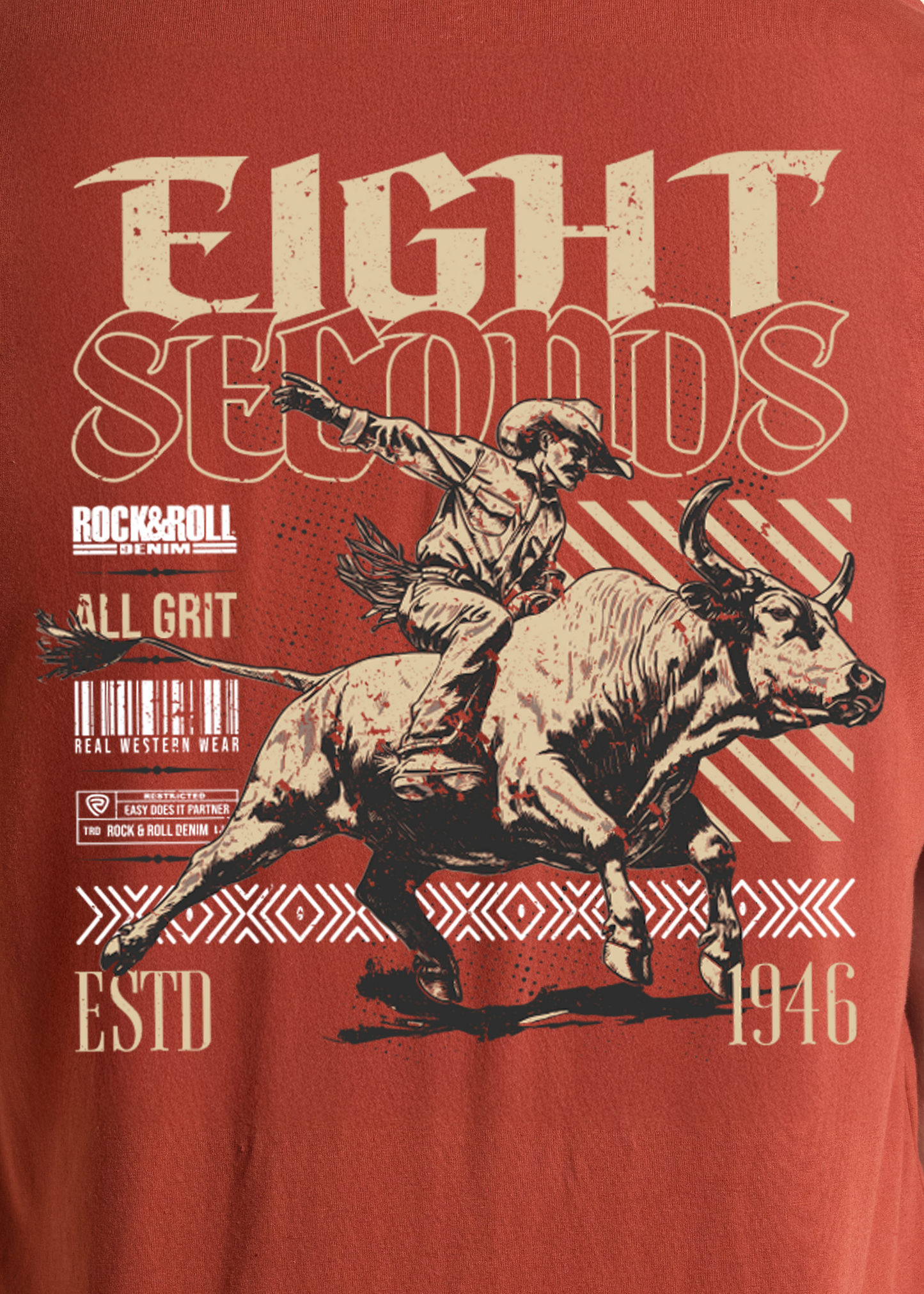 Red t-shirt with graphic of a bull rider and text on a red background