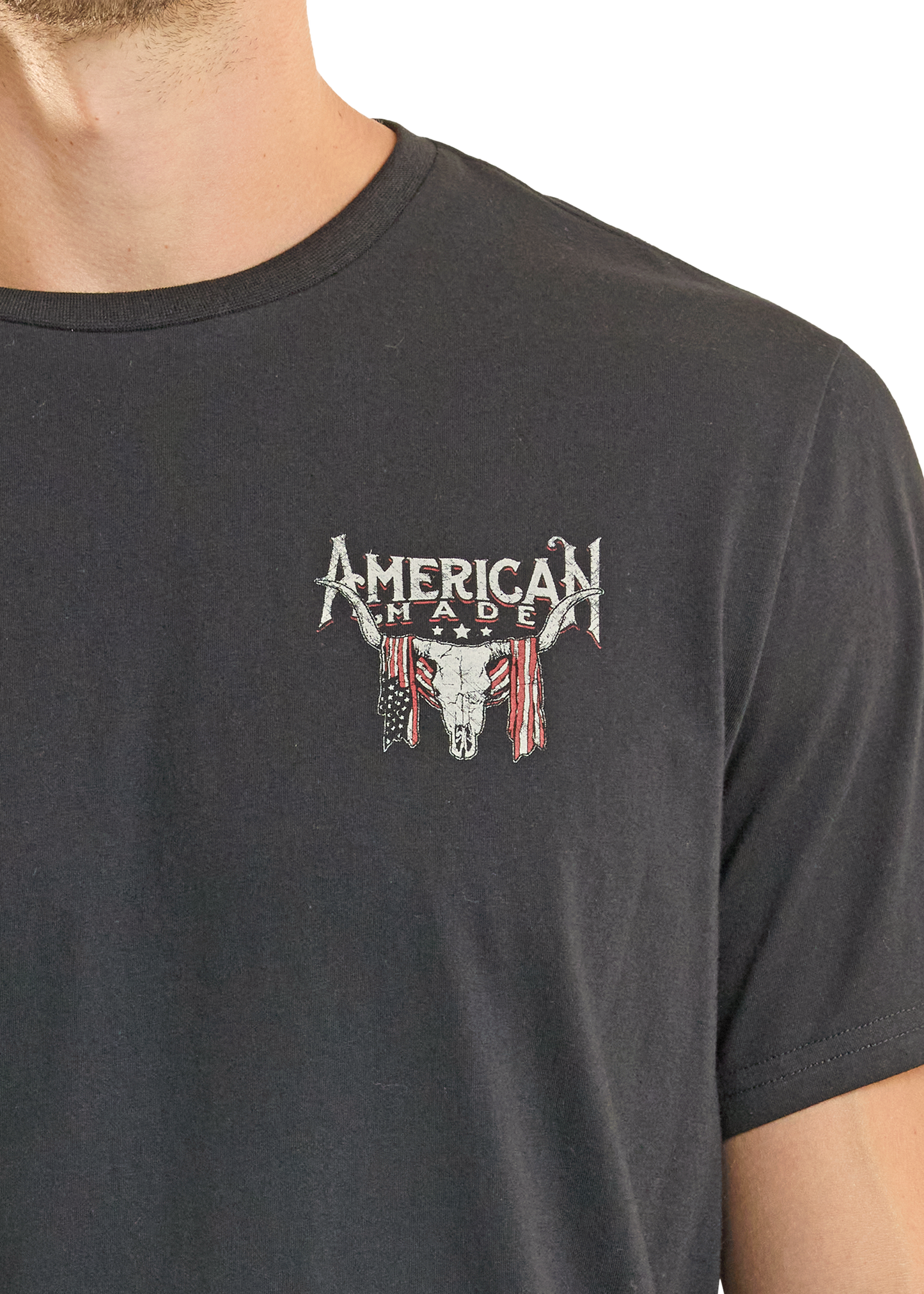 Black t-shirt with 'American Made' graphic on a white background