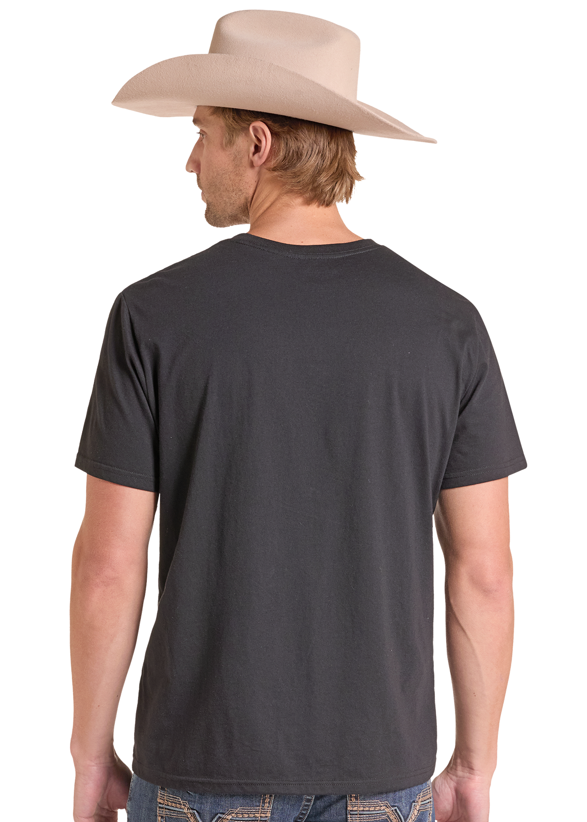 A man wearing a dark charcoal gray t-shirt and a light tan cowboy hat, shown from the back against a plain white background.