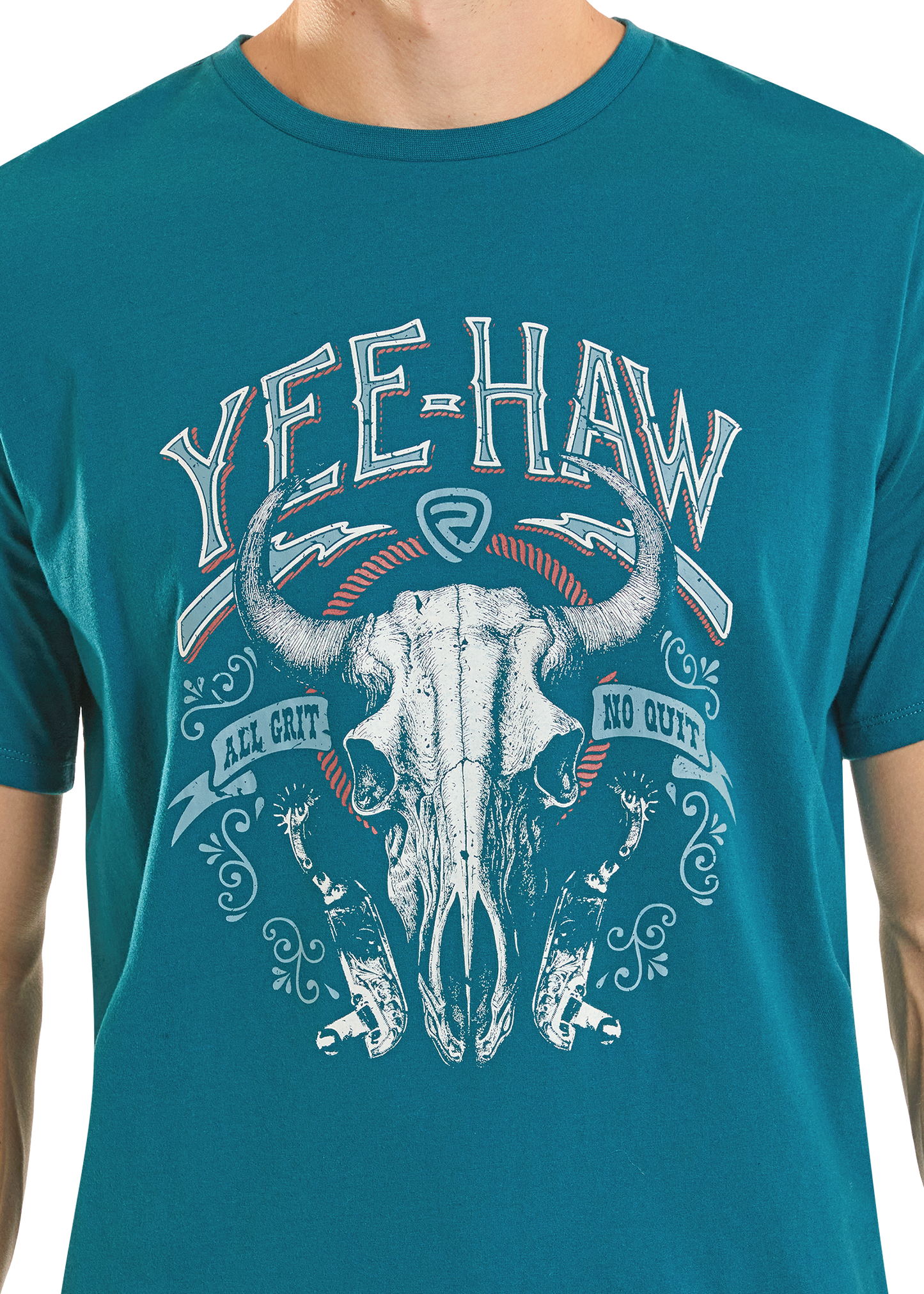 Teal t-shirt with a graphic of a bull skull and 'Yee-Haw' text on a plain background