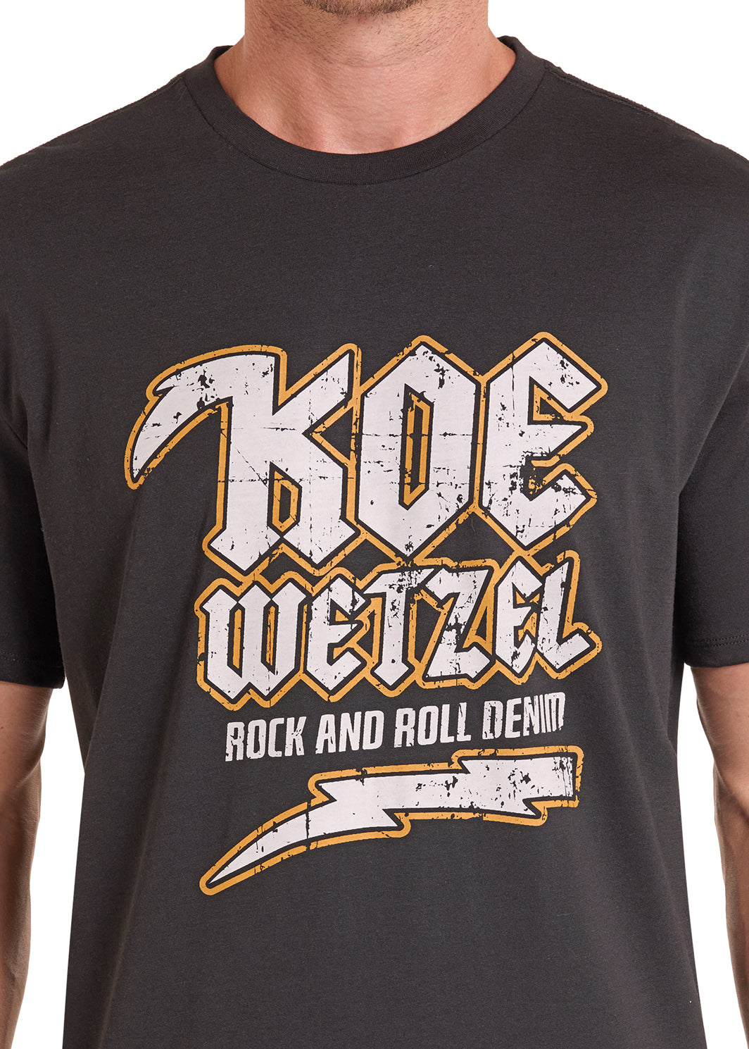 Black t-shirt with 'Koe Wetzel Rock and Roll Demon' graphic design on a white background