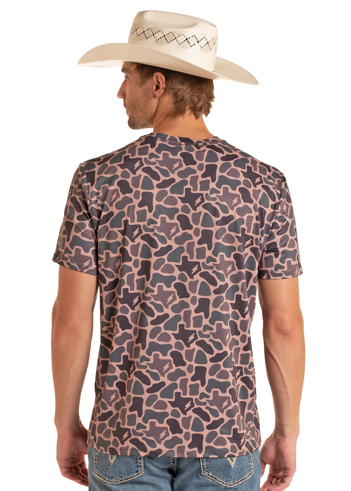 Man wearing a camouflage-patterned shirt and cowboy hat on a white background