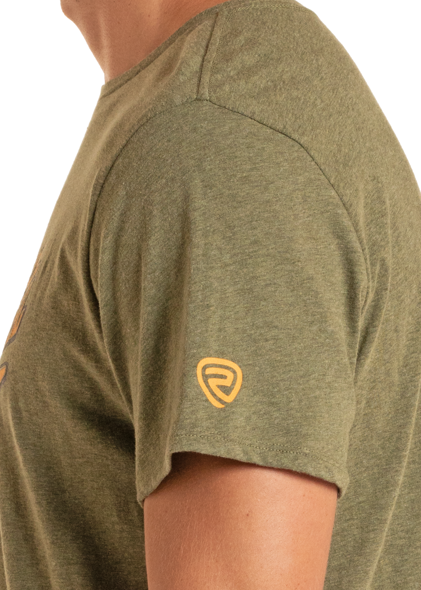 Green t-shirt with a logo on the sleeve against a white background
