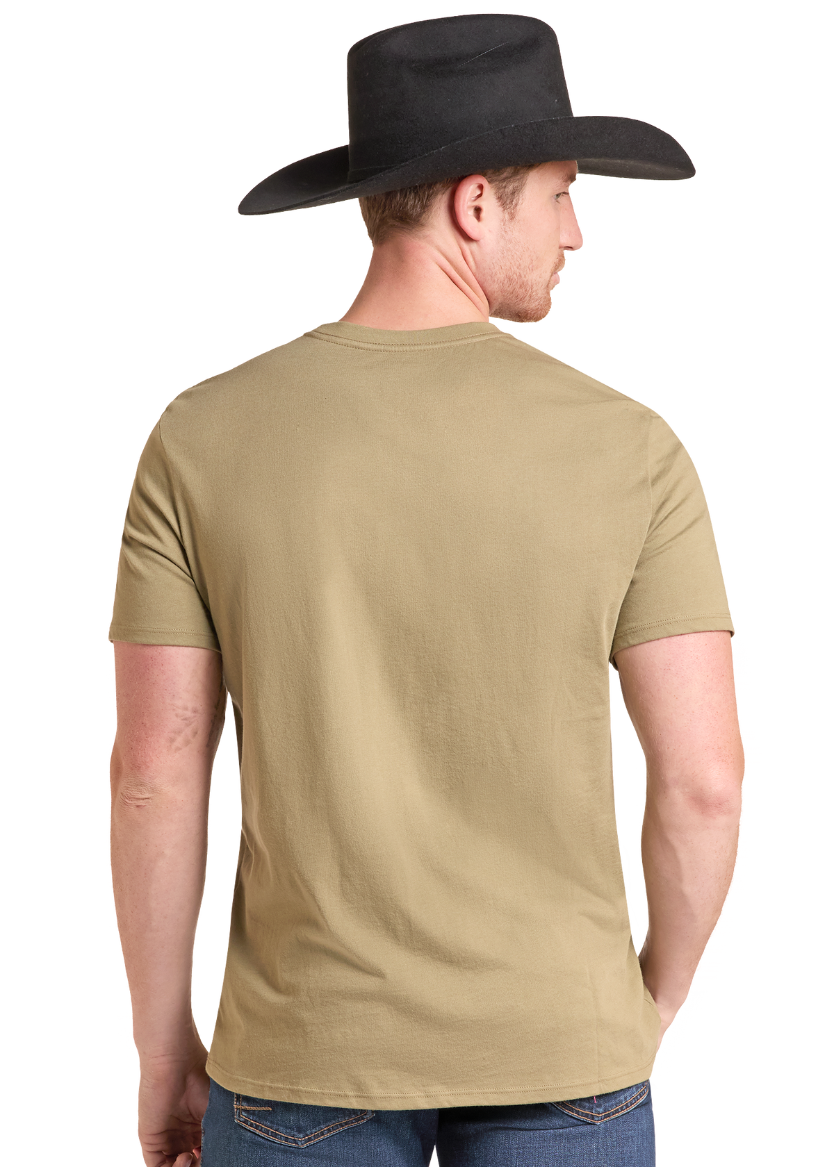 A man shown from the back wearing a tan short-sleeve crewneck t-shirt, a black cowboy hat, and blue jeans against a plain white background.