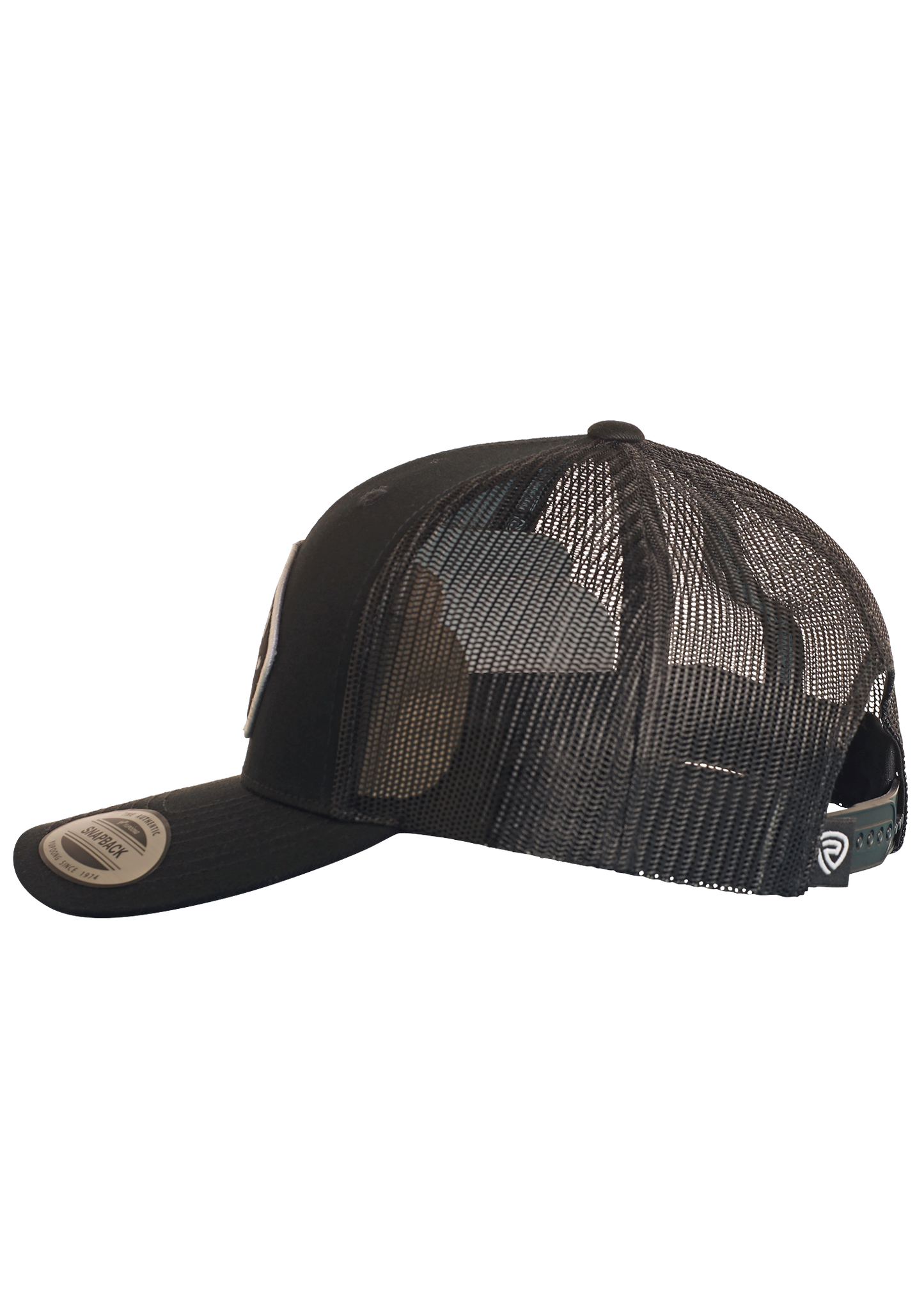 The Rock & Roll Denim La Marca Vaquero Cap features a mesh back, curved brim, adjustable snapback, and a logo tag. The side view highlights its breathable mesh panels and structured front.