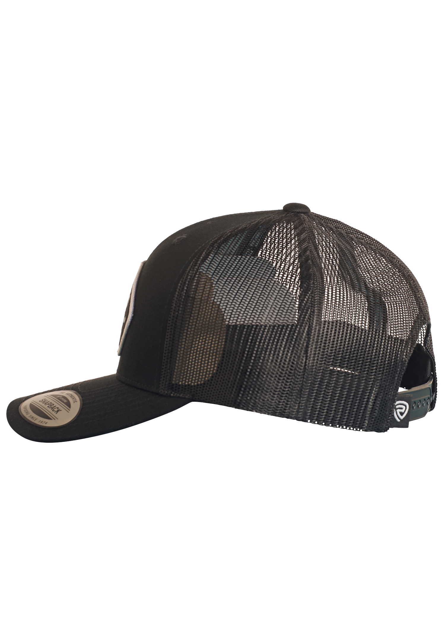 The Rock & Roll Denim La Marca Vaquero Cap features a mesh back, curved brim, adjustable snapback, and a logo tag. The side view highlights its breathable mesh panels and structured front.