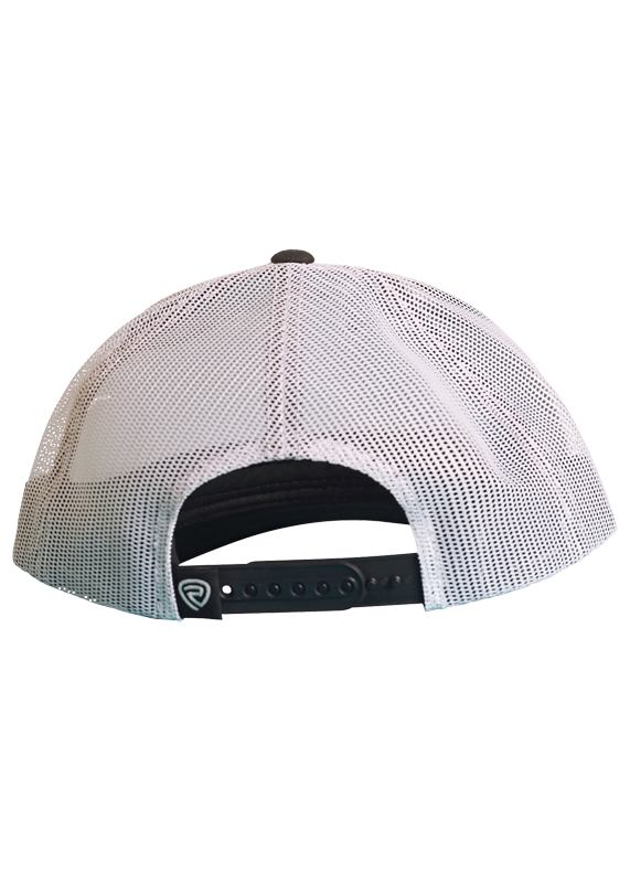 A close-up shows the back of a gray Rock & Roll Denim Western Cap trucker hat with a black adjustable snapback, mesh back, and small logo tag on the band against a white background.