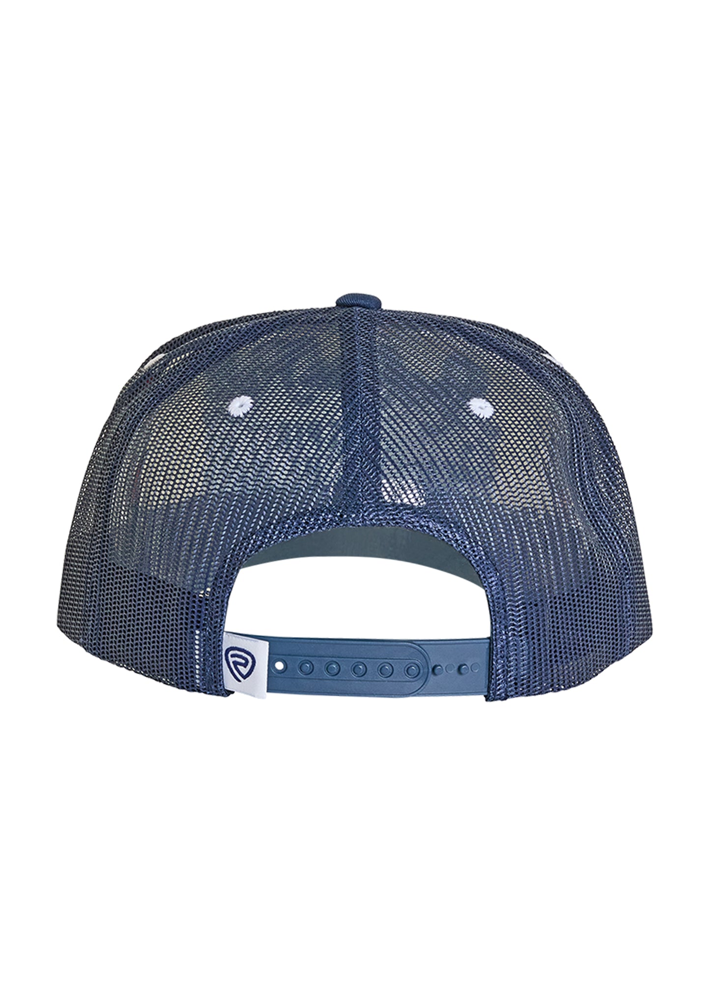 Blue mesh cap with a white logo on a white background
