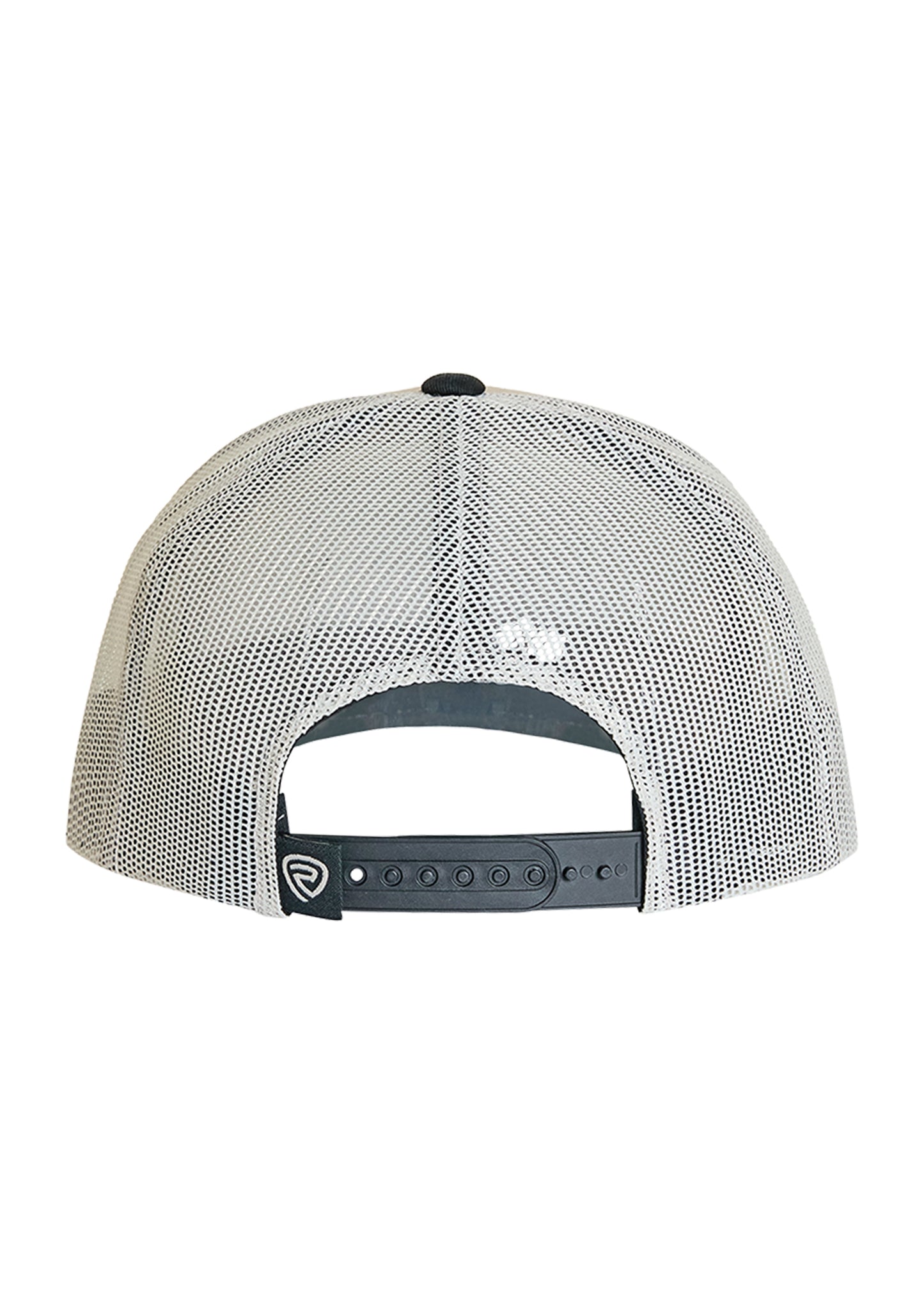 Back view of a gray mesh cap with a brand logo on a white background