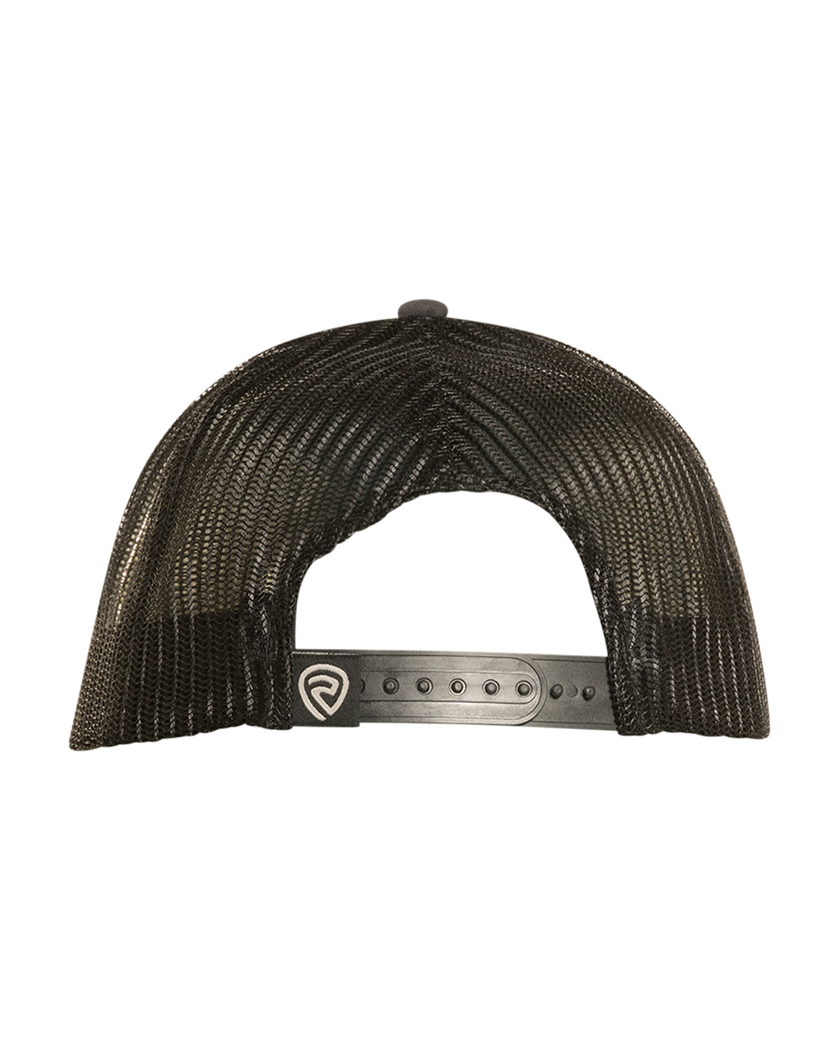 Black mesh cap with a brand logo on a white background