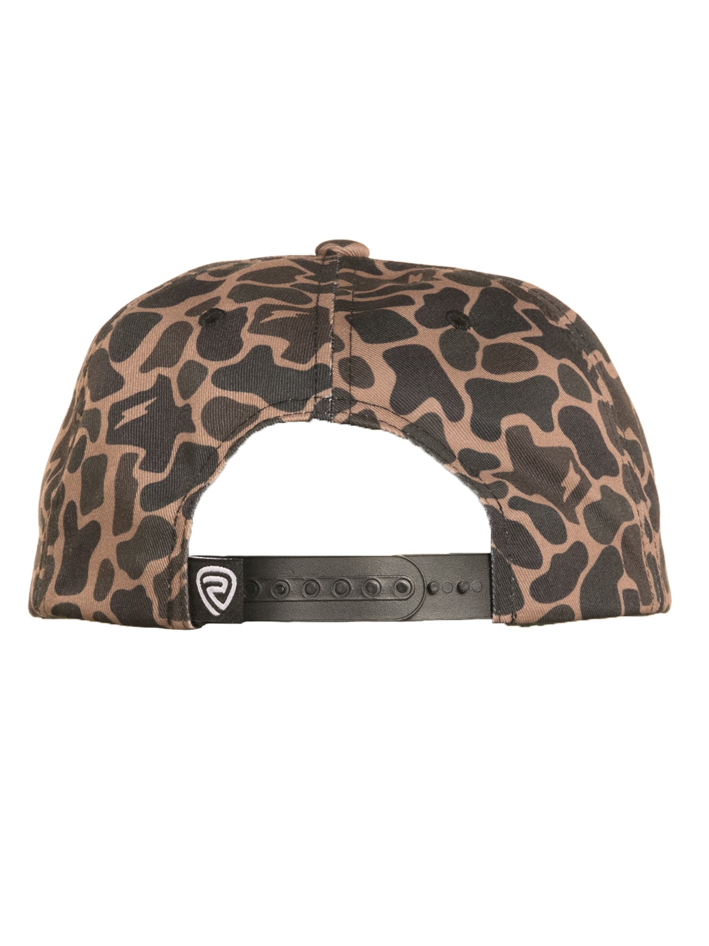 Camouflage-patterned cap with a brand logo on a white background