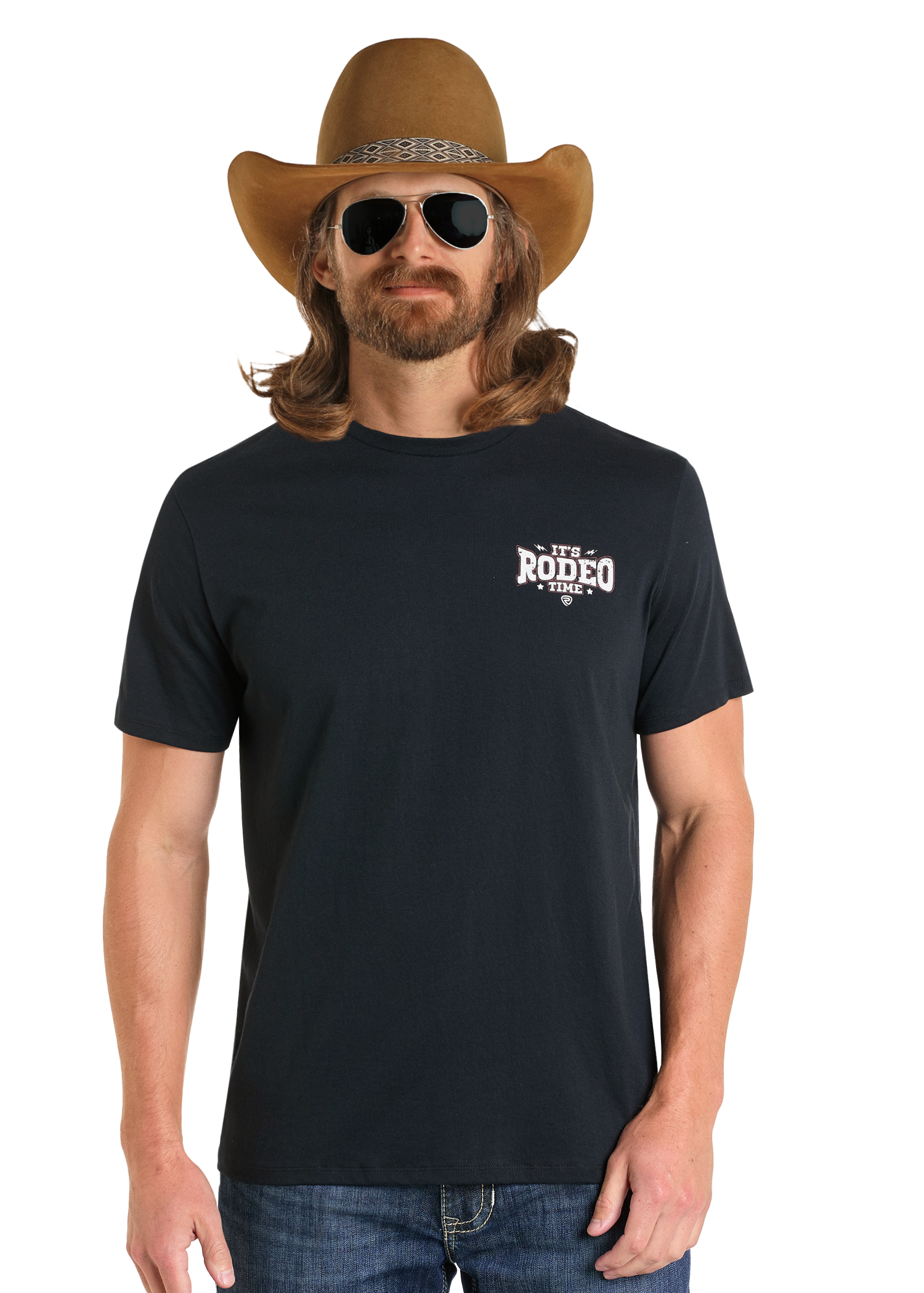 A long-haired, bearded man wears a brown cowboy hat, black sunglasses, blue jeans, and the Rock & Roll Denim Dale Brisby It's Rodeo Time Graphic Tee with "It's Rodeo Time" on the chest, standing against a plain white background.