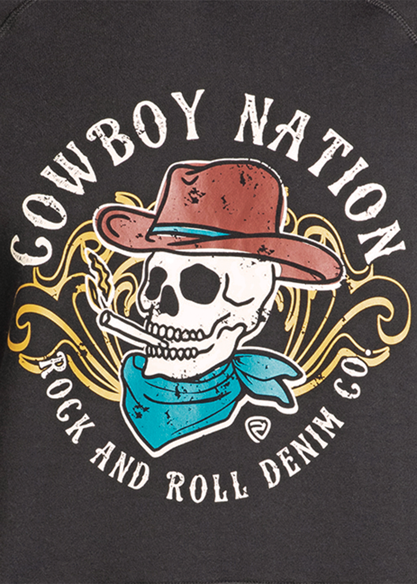 The Cowboy Nation Skull Graphic Hoodie by Rock & Roll Denim features a skull in a cowboy hat and blue bandana, smoking a cigarette, with bold "Cowboy Nation Rock & Roll Denim Co." lettering—ideal for fans of standout graphic hoodies.