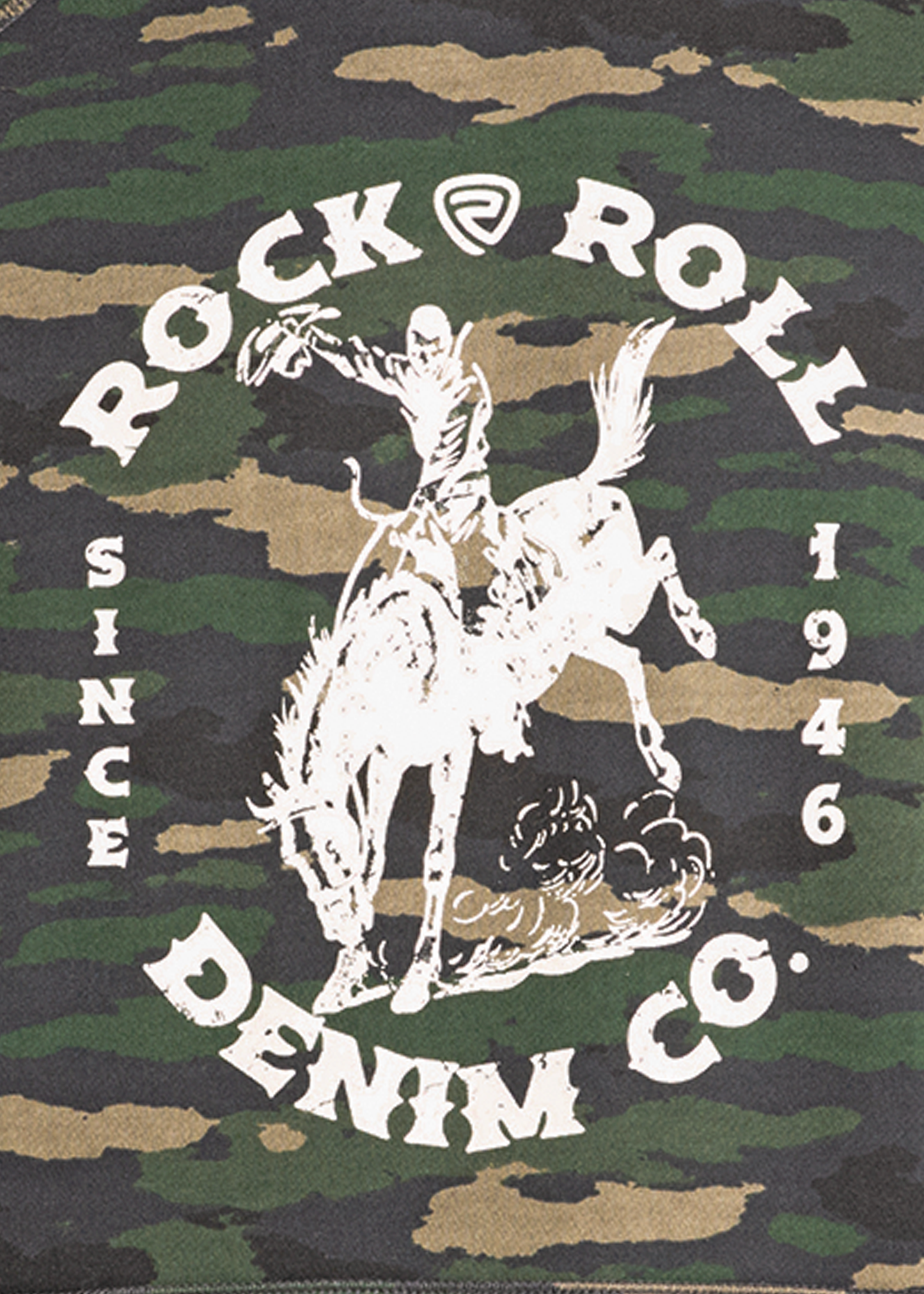 The Cowboy Camo Graphic Hoodie by Rock & Roll Denim features camo fabric with a white graphic of a cowboy on a bucking horse and "Rock & Roll Denim Co. Since 1946" text—ideal for a bold, casual style.