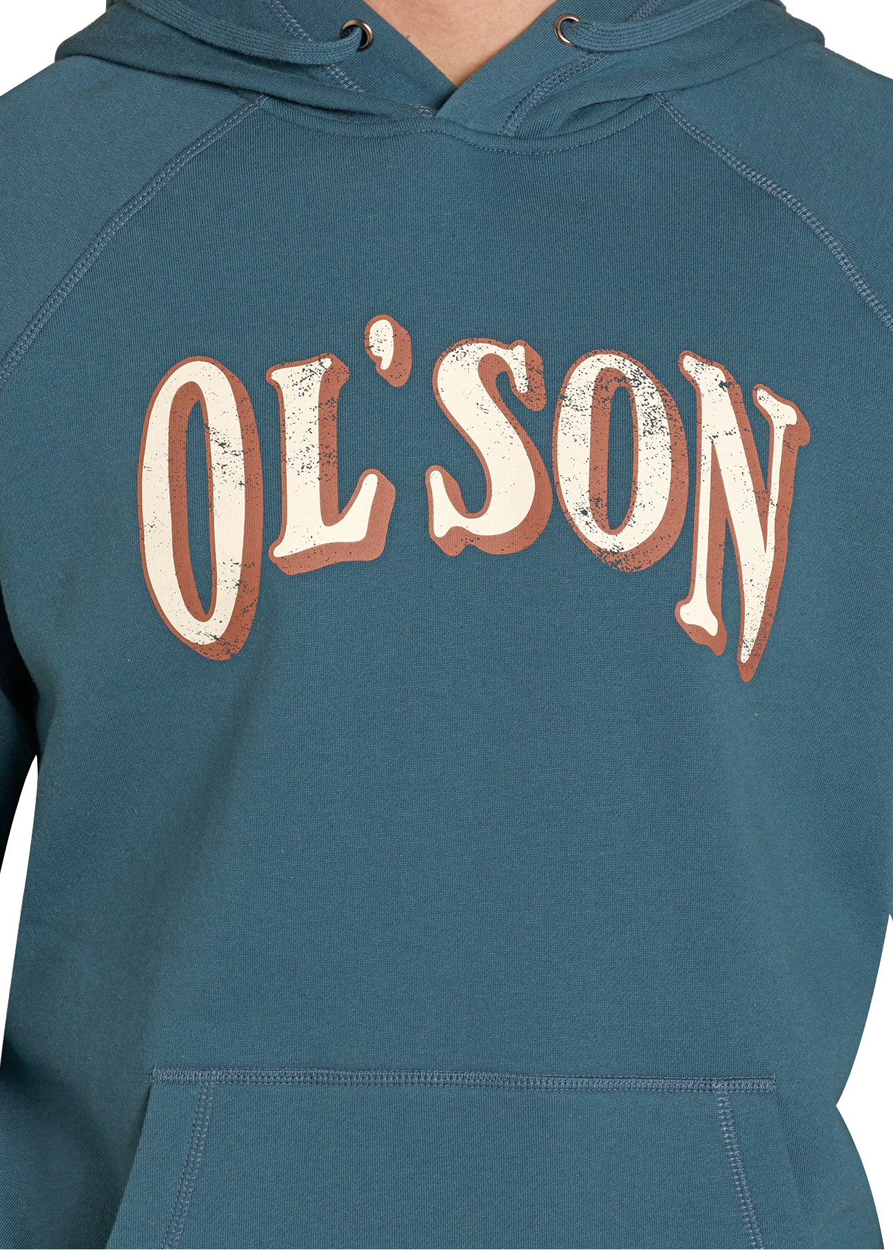 Teal hoodie with 'OL'SON' text on a white background