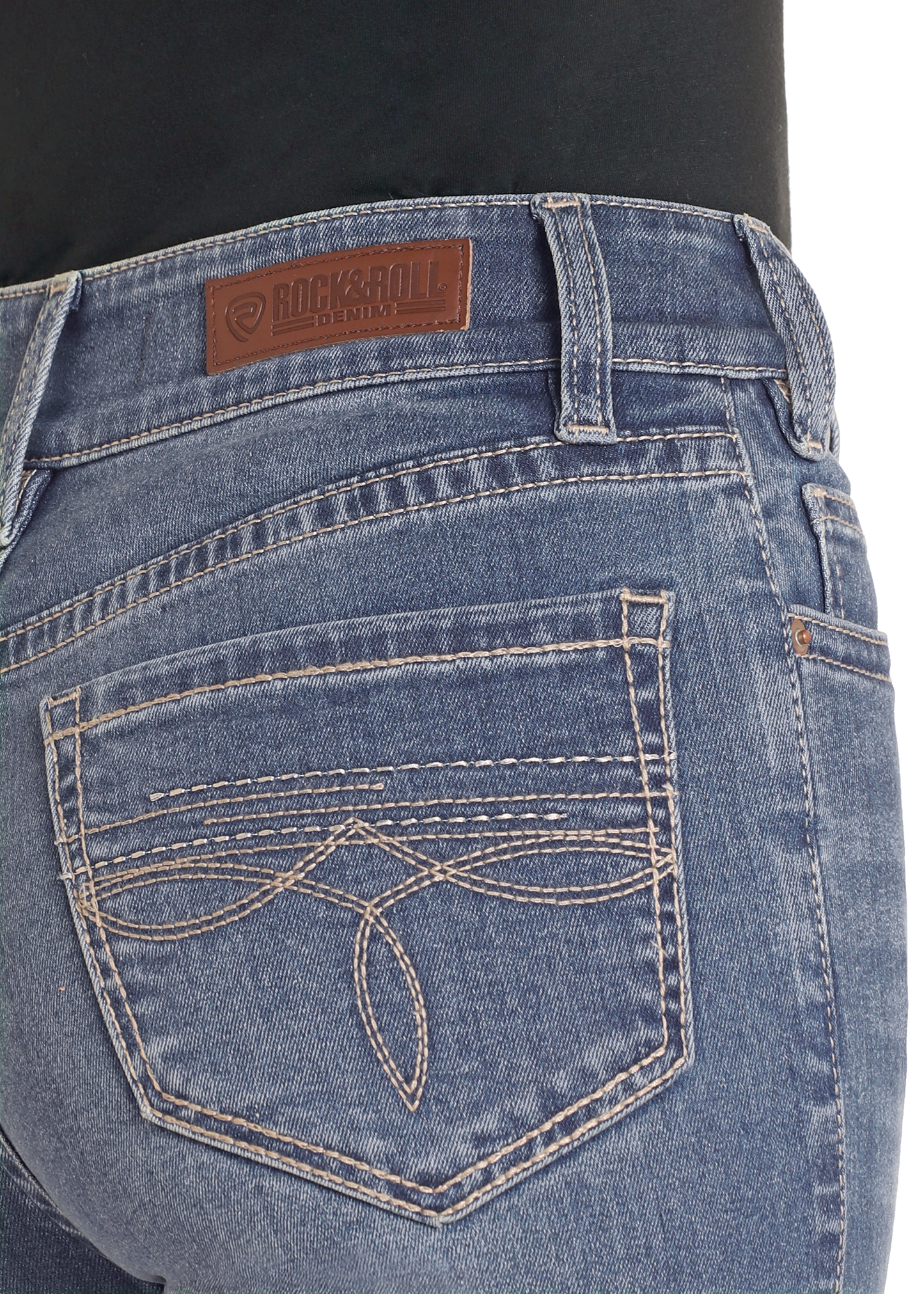 A close-up of Rock & Roll Denim High Rise Bootstitch Modest Bootcut Jeans in Medium Wash (30x34), featuring a classic fit and subtle stretch for comfort.