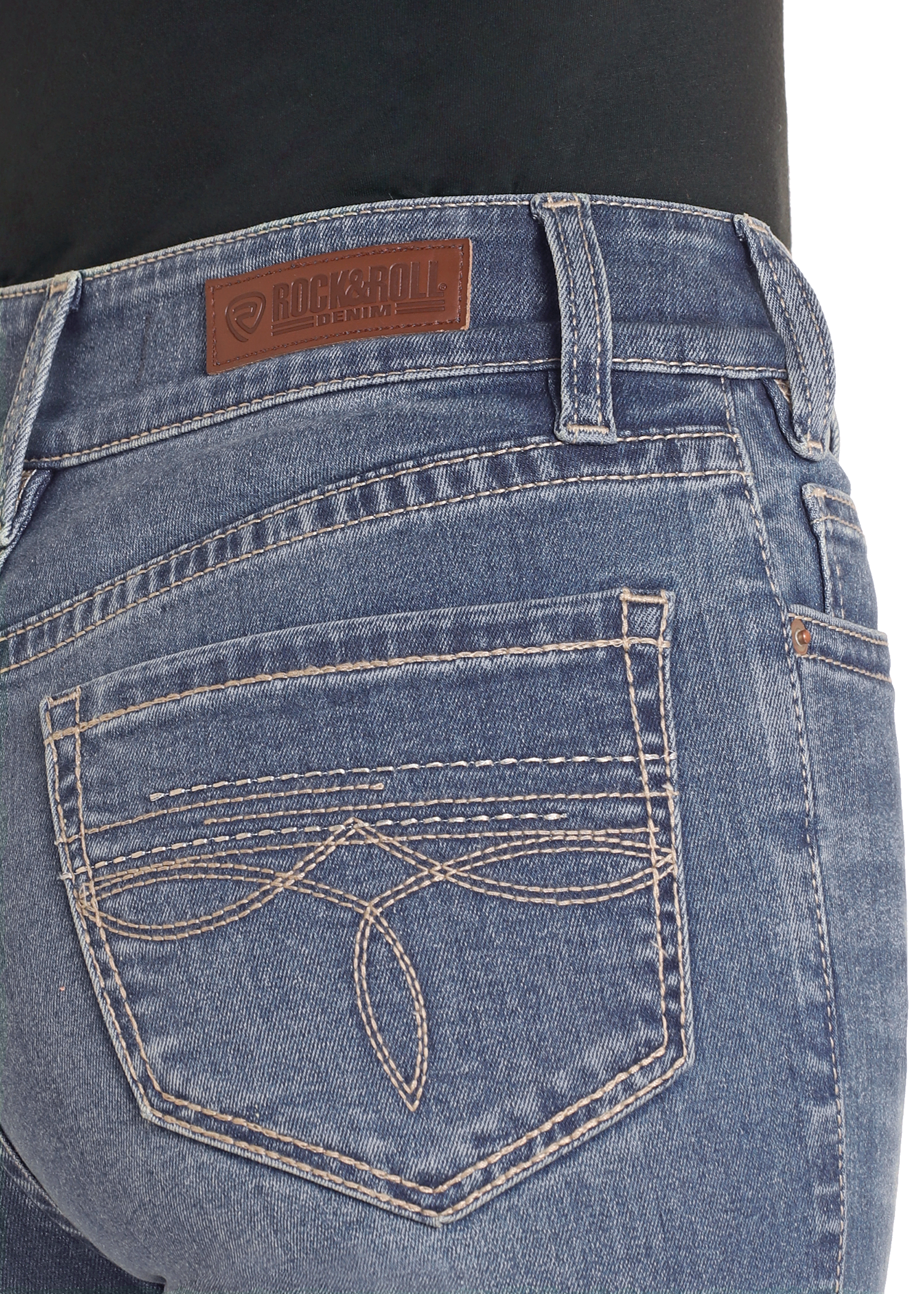 A close-up of Rock & Roll Denim High Rise Bootstitch Modest Bootcut Jeans in Medium Wash (30x34), featuring a classic fit and subtle stretch for comfort.