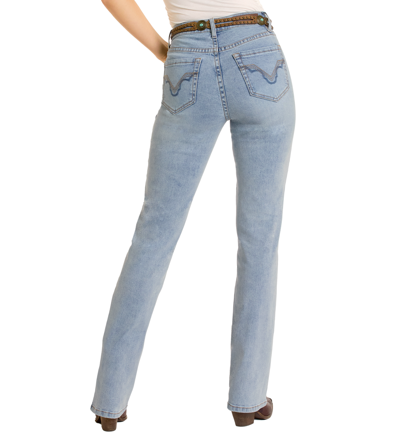 A person is seen from the back, wearing Rock & Roll Denim's Two-Tone Modest Bootcut Jeans, styled with a brown belt and white top, standing with one hand in their back pocket against a plain white background.