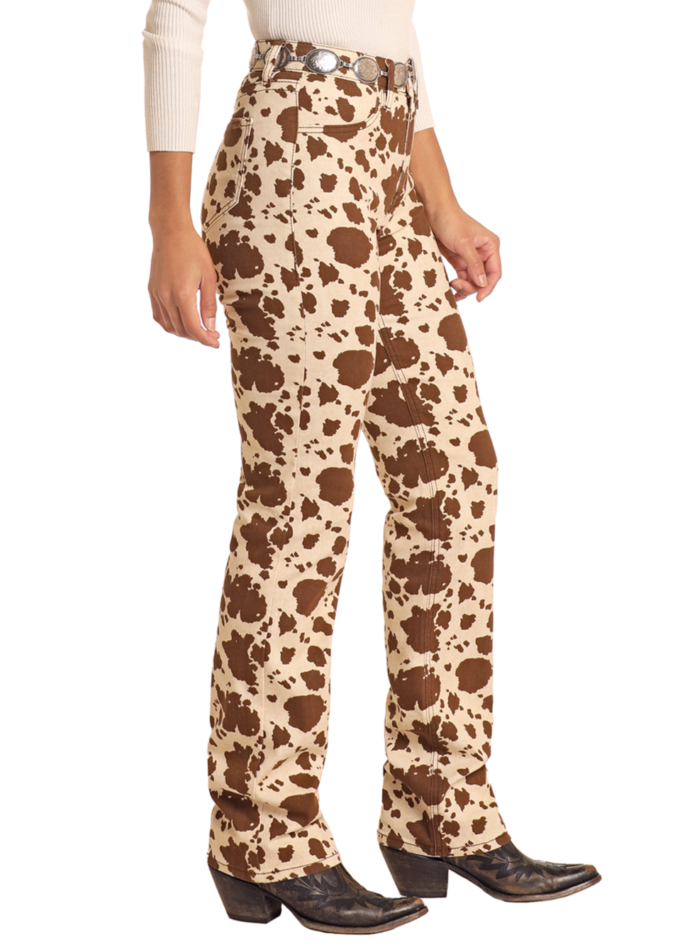 Women's Cowhide Print Modest Bootcut Jeans Rock Roll Denim