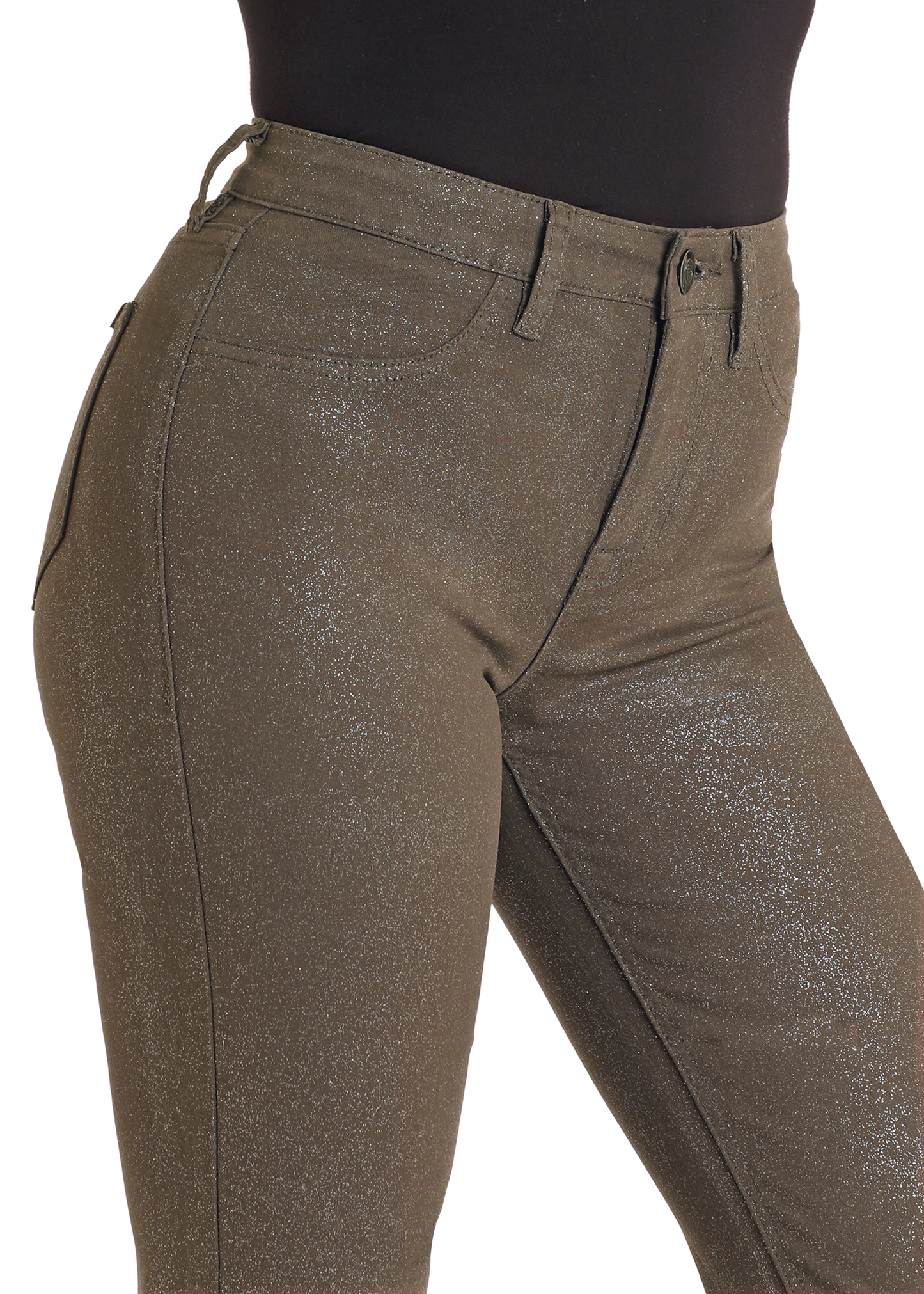 Close-up of a person wearing Rock & Roll Denim’s Glitter Extra Stretch Modest Bootcut Jeans in metallic olive green with a subtle shimmer, belt loops, and front pockets, paired with a tucked-in black top for sleek style.